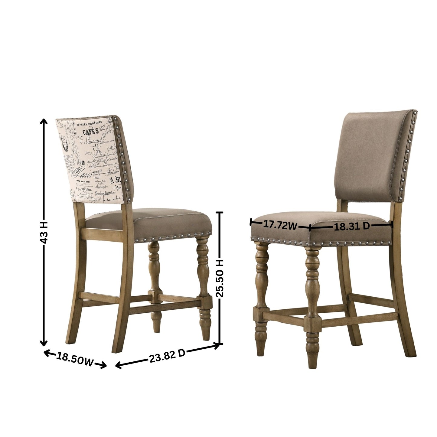 Roundhill Furniture Birmingham Script Printed Driftwood Finish Counter Height Dining Chair with Nail head, Set of 2