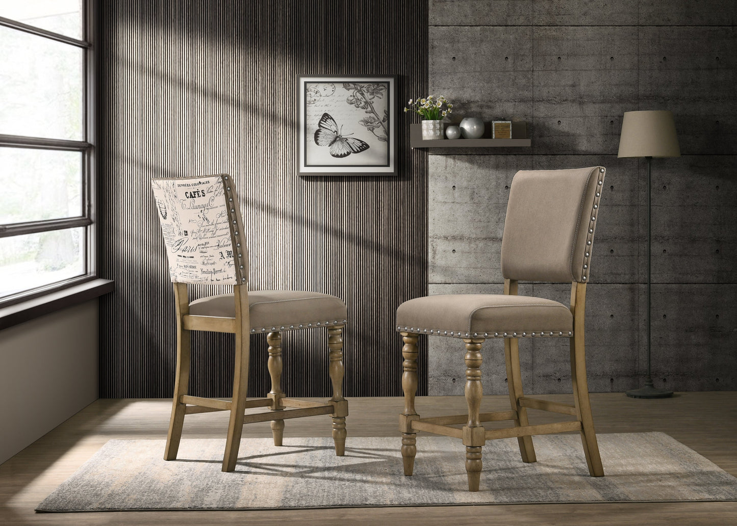 Roundhill Furniture Birmingham Script Printed Driftwood Finish Counter Height Dining Chair with Nail head, Set of 2