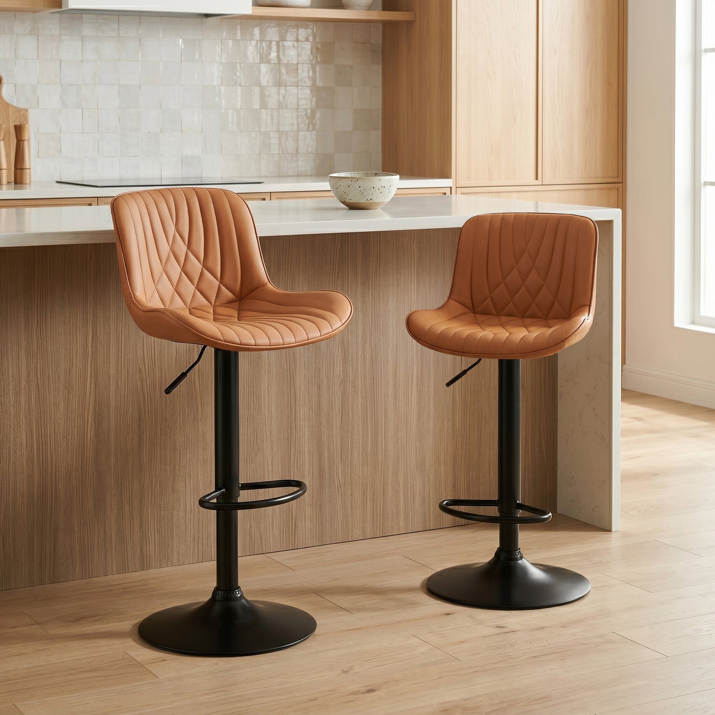 Roundhill Furniture Kovyn Contemporary Adjustable Barstool with Faux Leather Swivel Seats, Set of 2