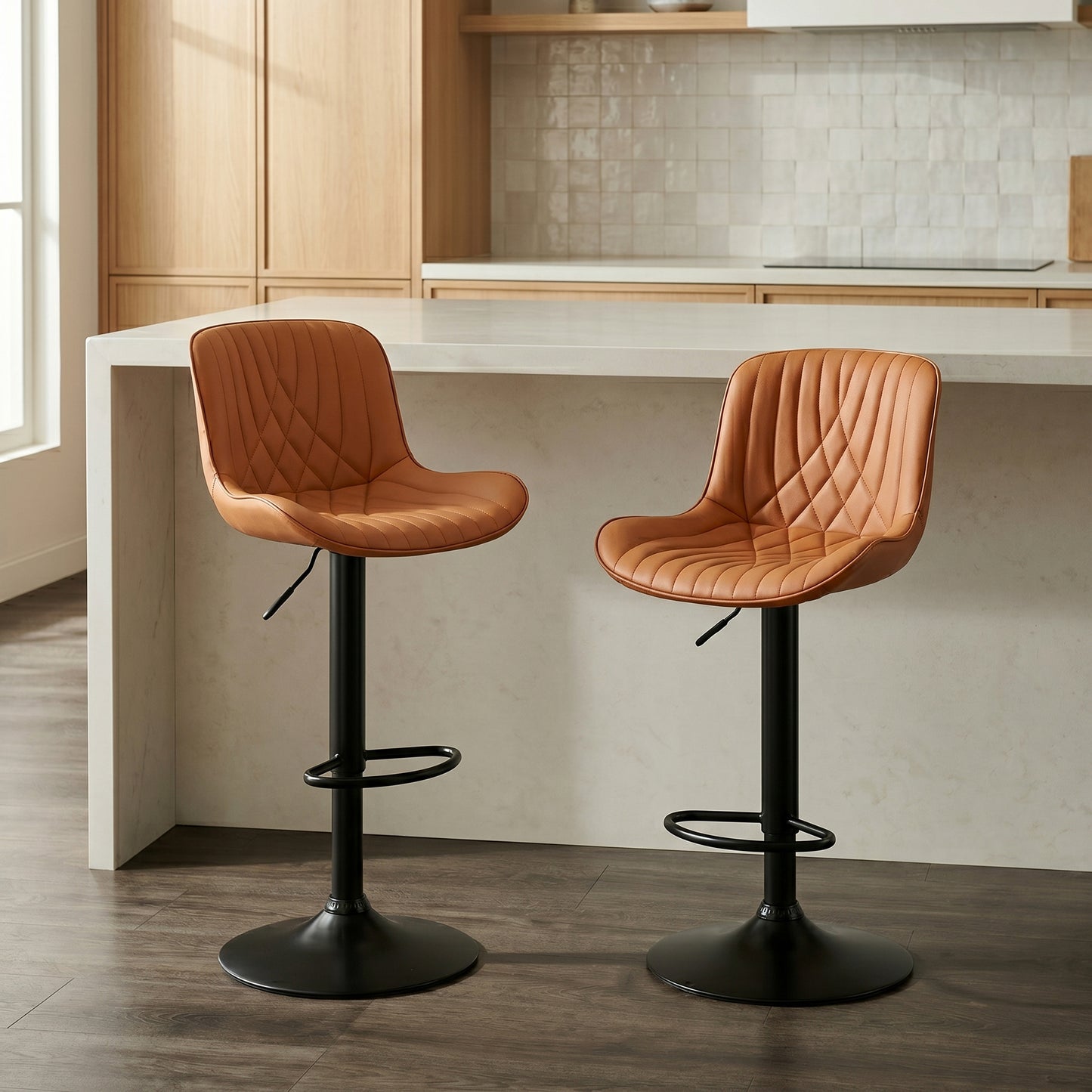 Roundhill Furniture Kovyn Contemporary Adjustable Barstool with Faux Leather Swivel Seats, Set of 2