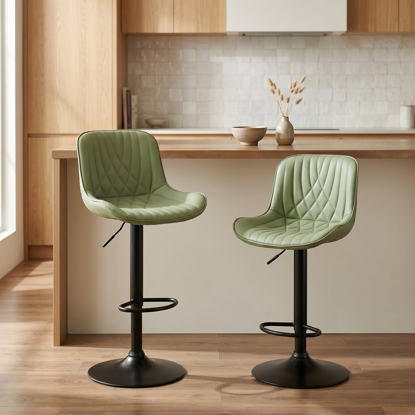 Roundhill Furniture Kovyn Contemporary Adjustable Barstool with Faux Leather Swivel Seats, Set of 2