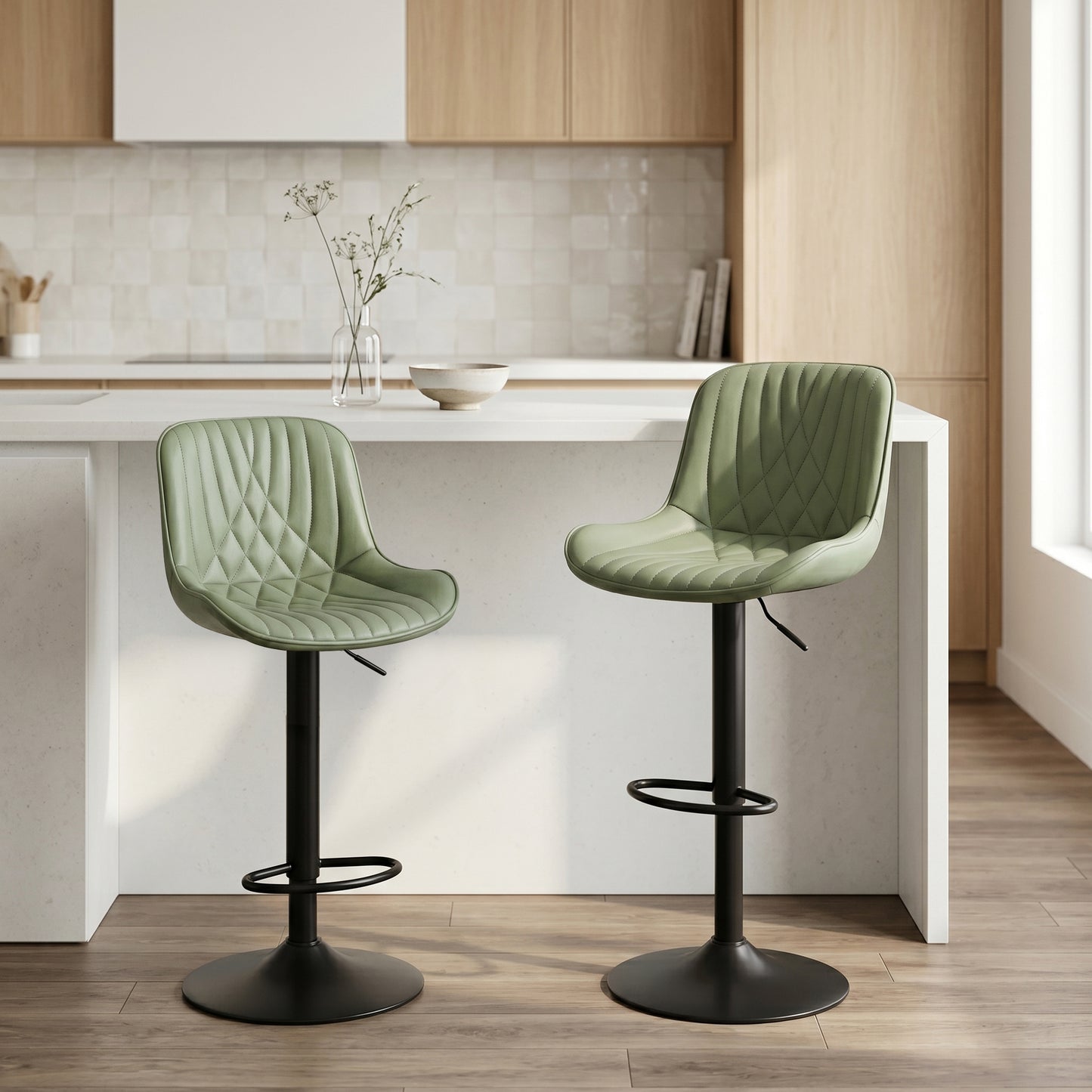 Roundhill Furniture Kovyn Contemporary Adjustable Barstool with Faux Leather Swivel Seats, Set of 2