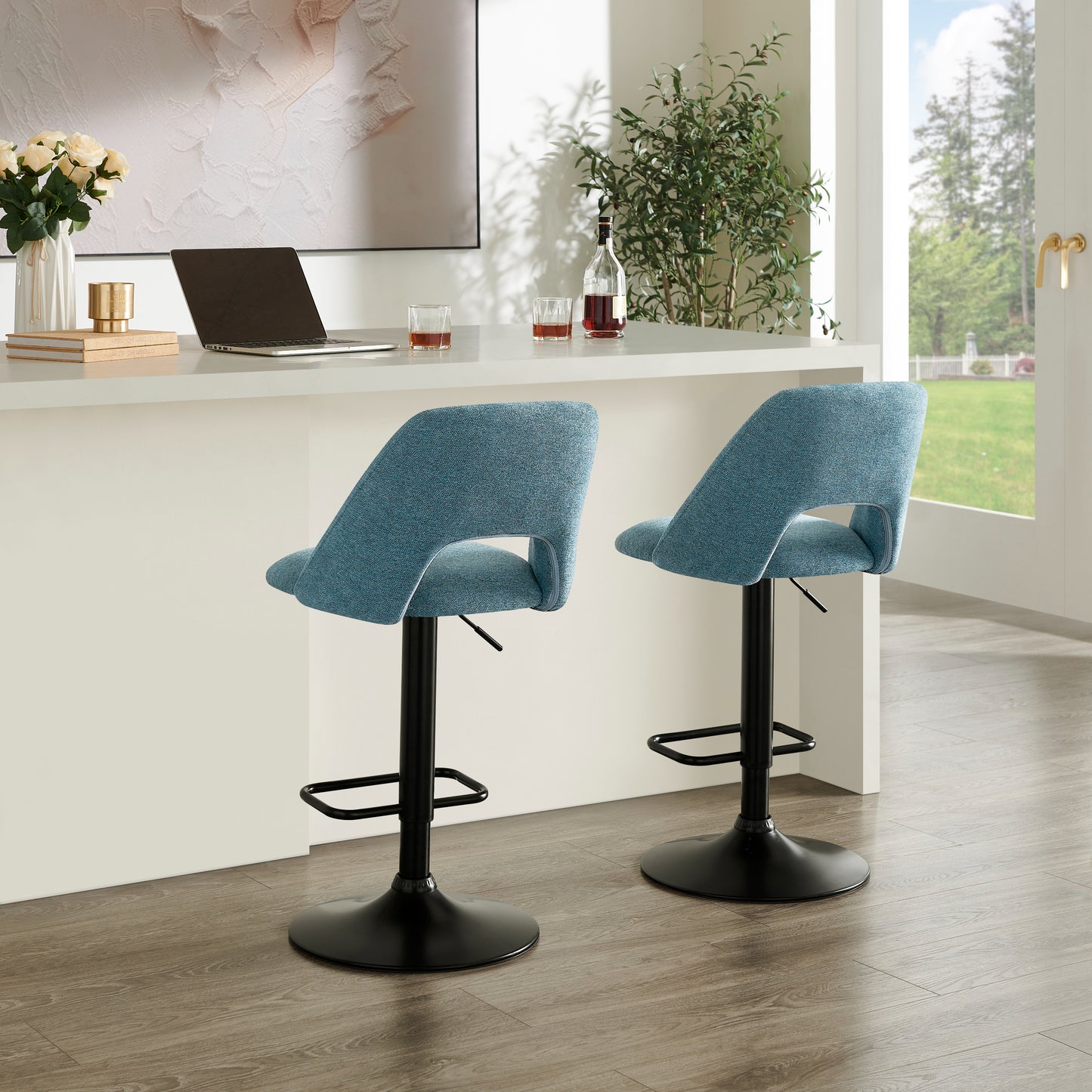 Roundhill Furniture Nuvia Contemporary Adjustable Barstool with Upholstered Swivel Seats, Set of 2