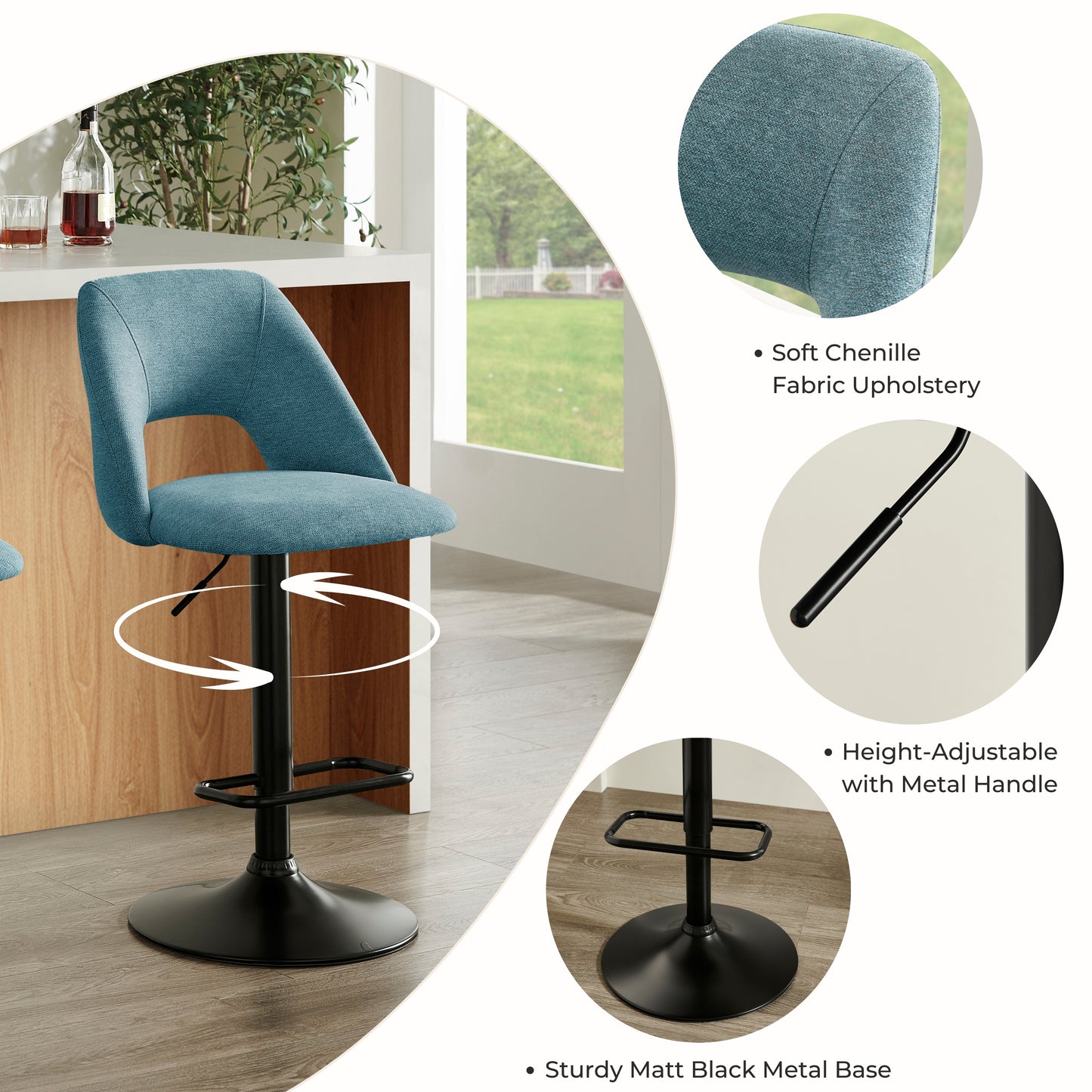 Roundhill Furniture Nuvia Contemporary Adjustable Barstool with Upholstered Swivel Seats, Set of 2