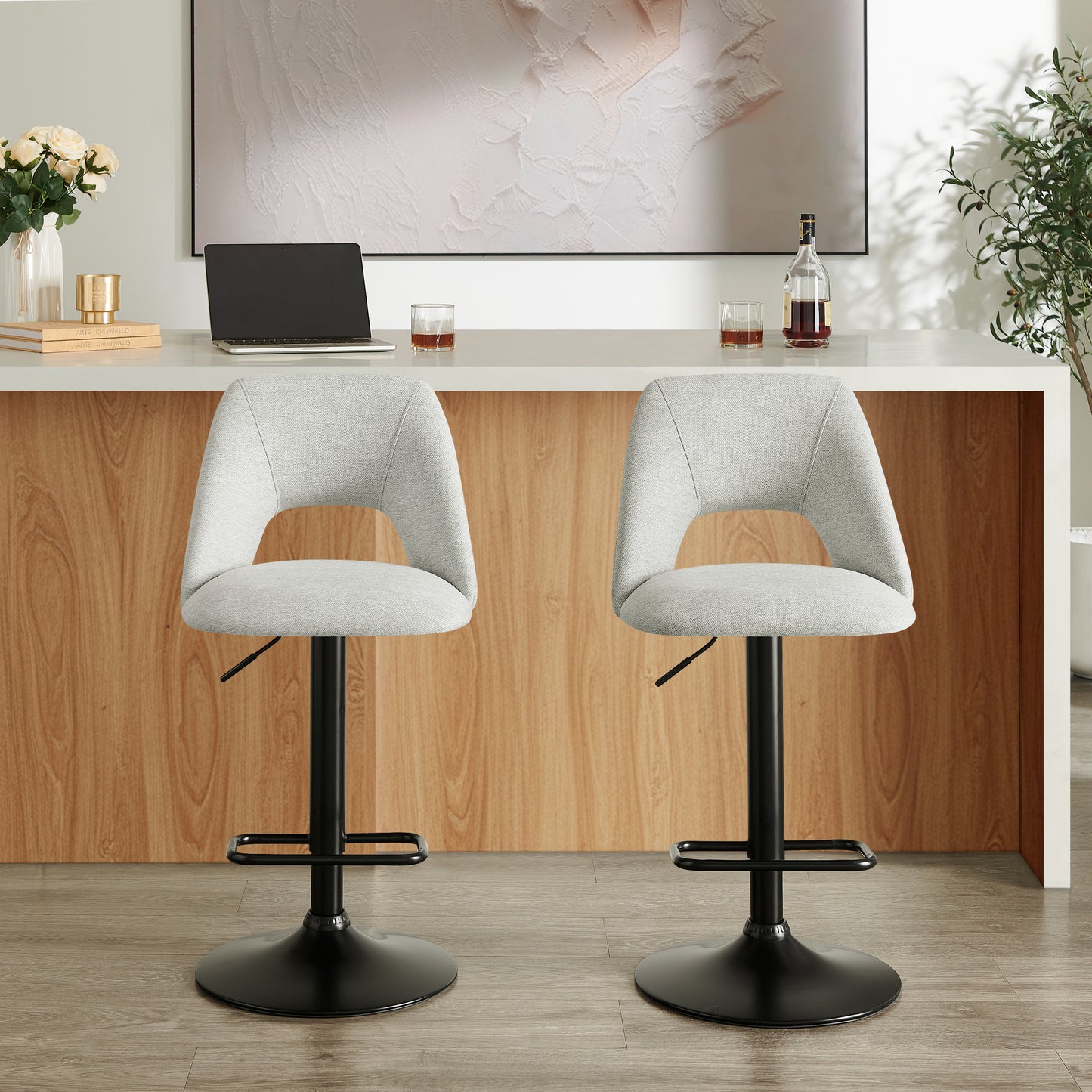 Roundhill Furniture Nuvia Contemporary Adjustable Barstool with Upholstered Swivel Seats, Set of 2