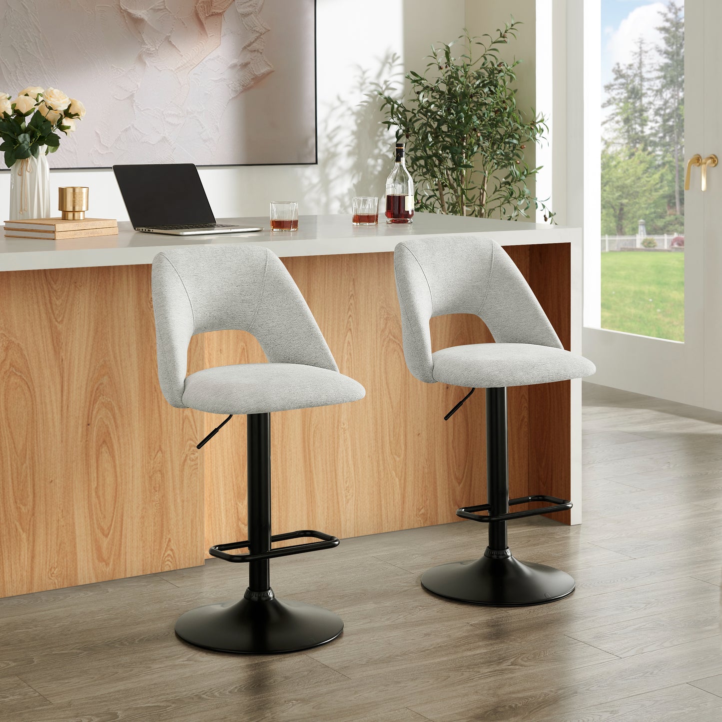 Roundhill Furniture Nuvia Contemporary Adjustable Barstool with Upholstered Swivel Seats, Set of 2