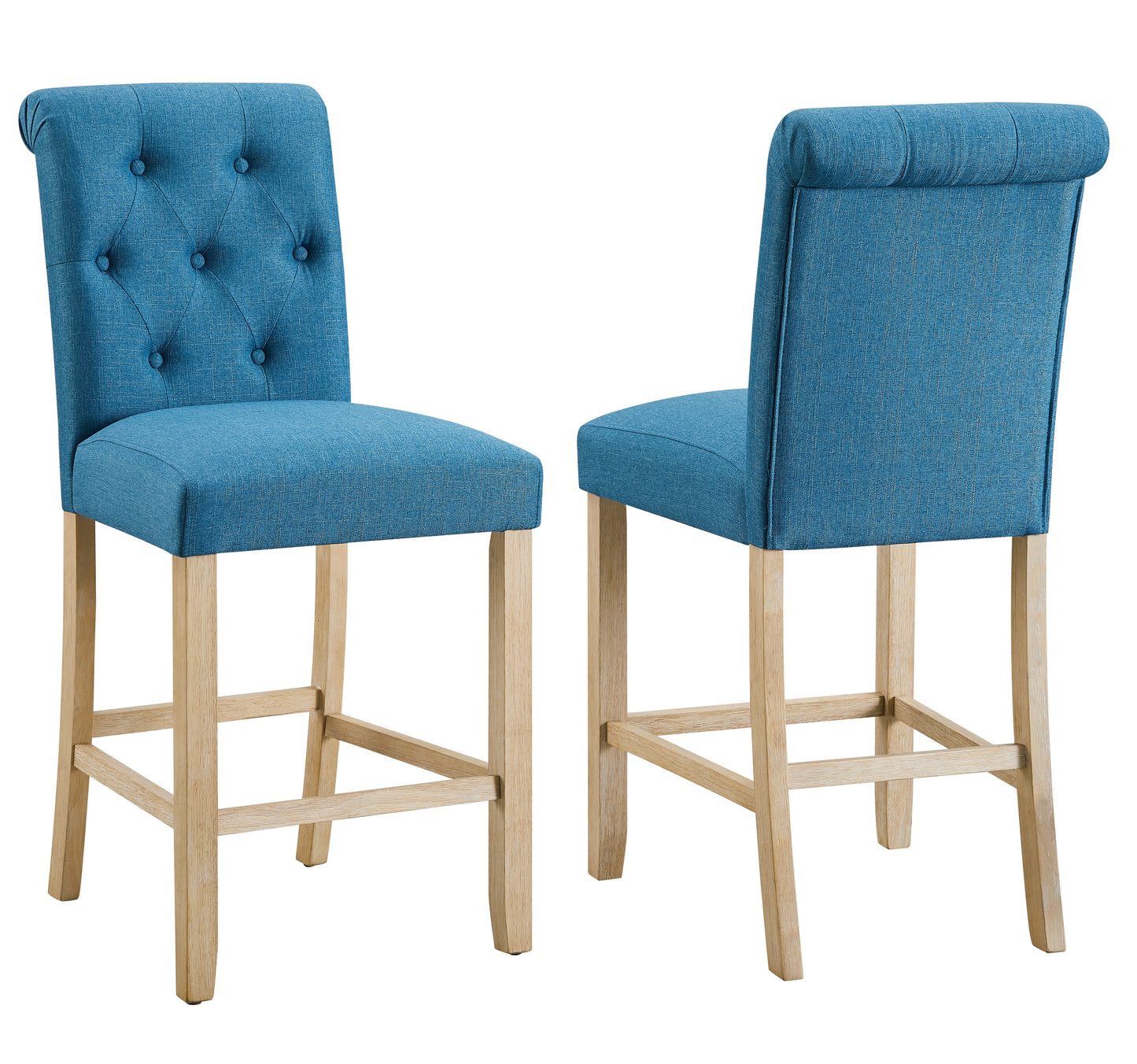 Siena Counter Height Button Tufted Back Solid Wood Stools, Set of 2, Blue