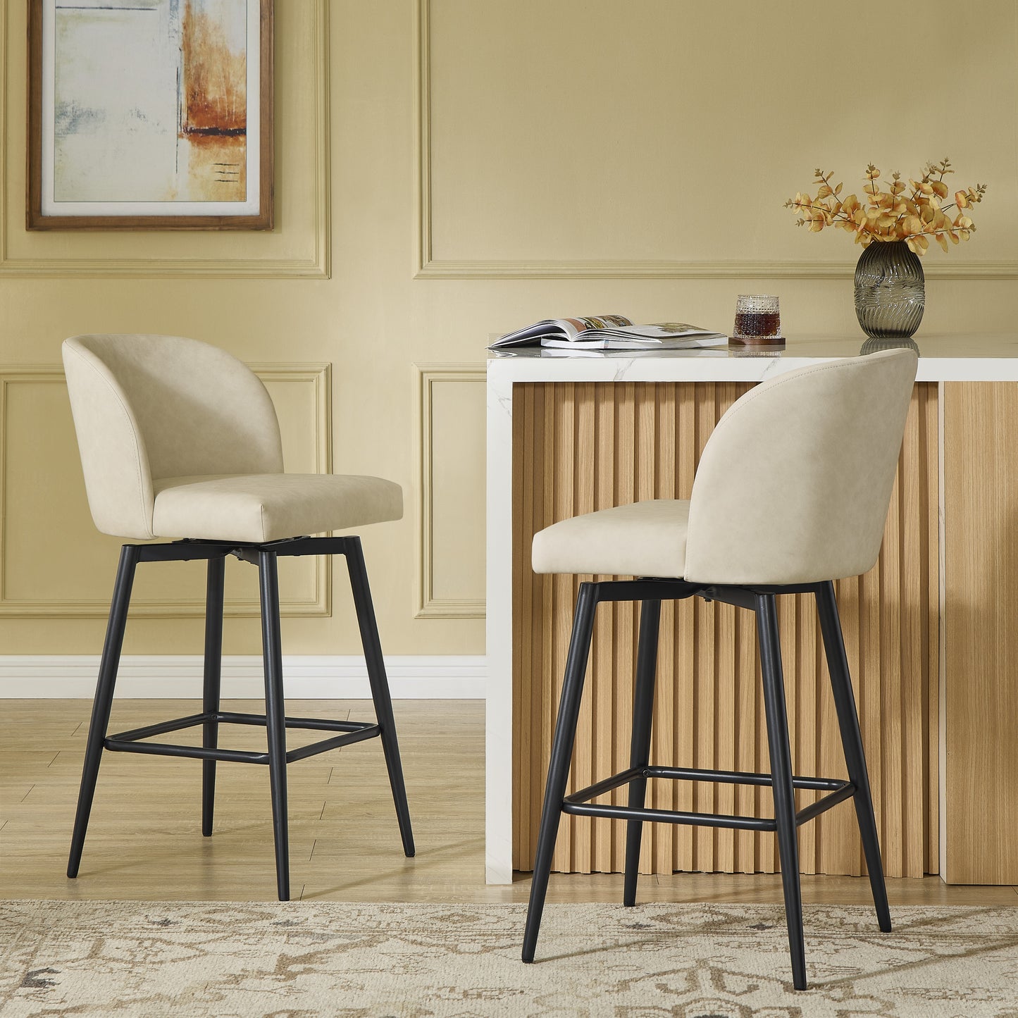Roundhill Furniture Rhythm Modern Upholstered Counter Height Stool, 360° Swivel, Set of 2