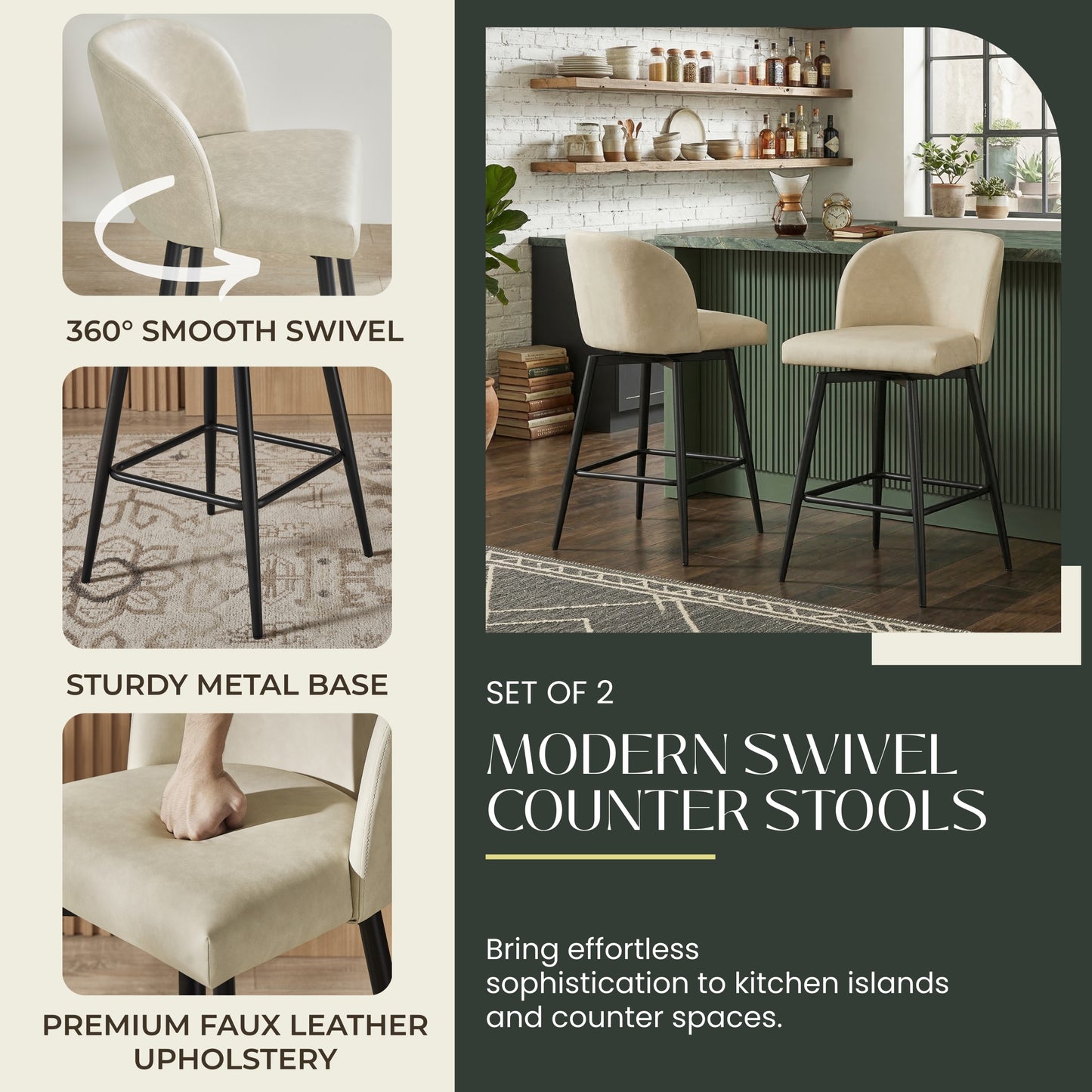 Roundhill Furniture Rhythm Modern Upholstered Counter Height Stool, 360° Swivel, Set of 2