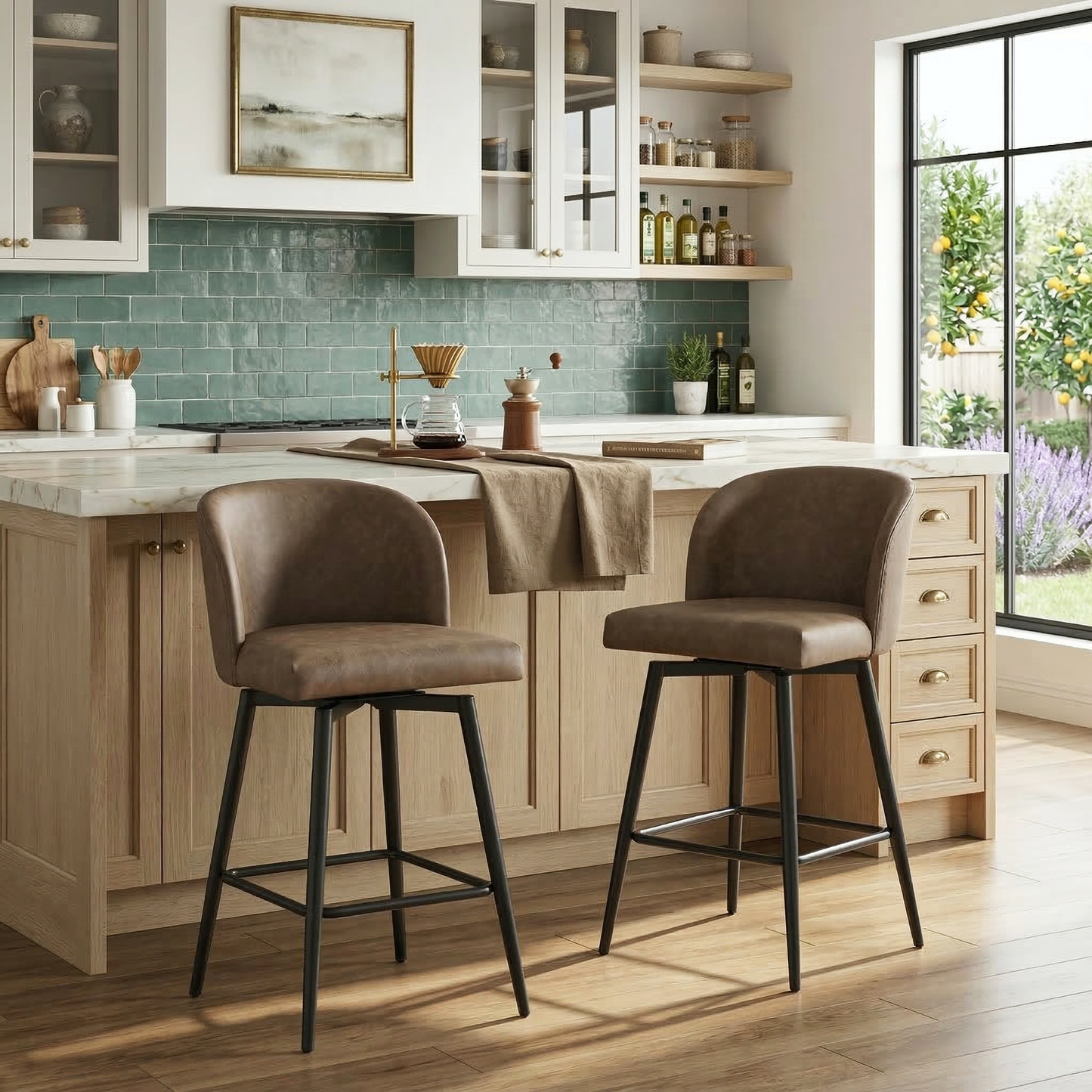 Roundhill Furniture Rhythm Modern Upholstered Counter Height Stool, 360° Swivel, Set of 2