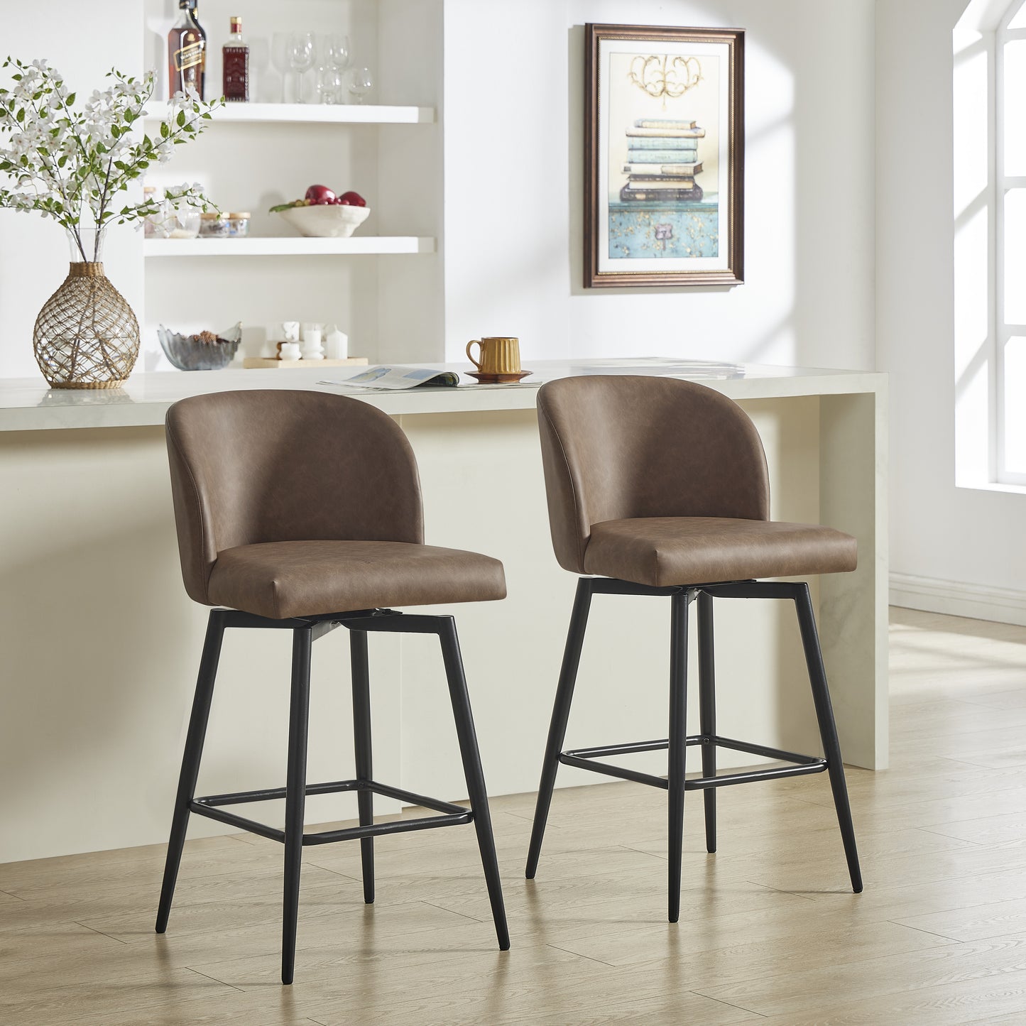 Roundhill Furniture Rhythm Modern Upholstered Counter Height Stool, 360° Swivel, Set of 2