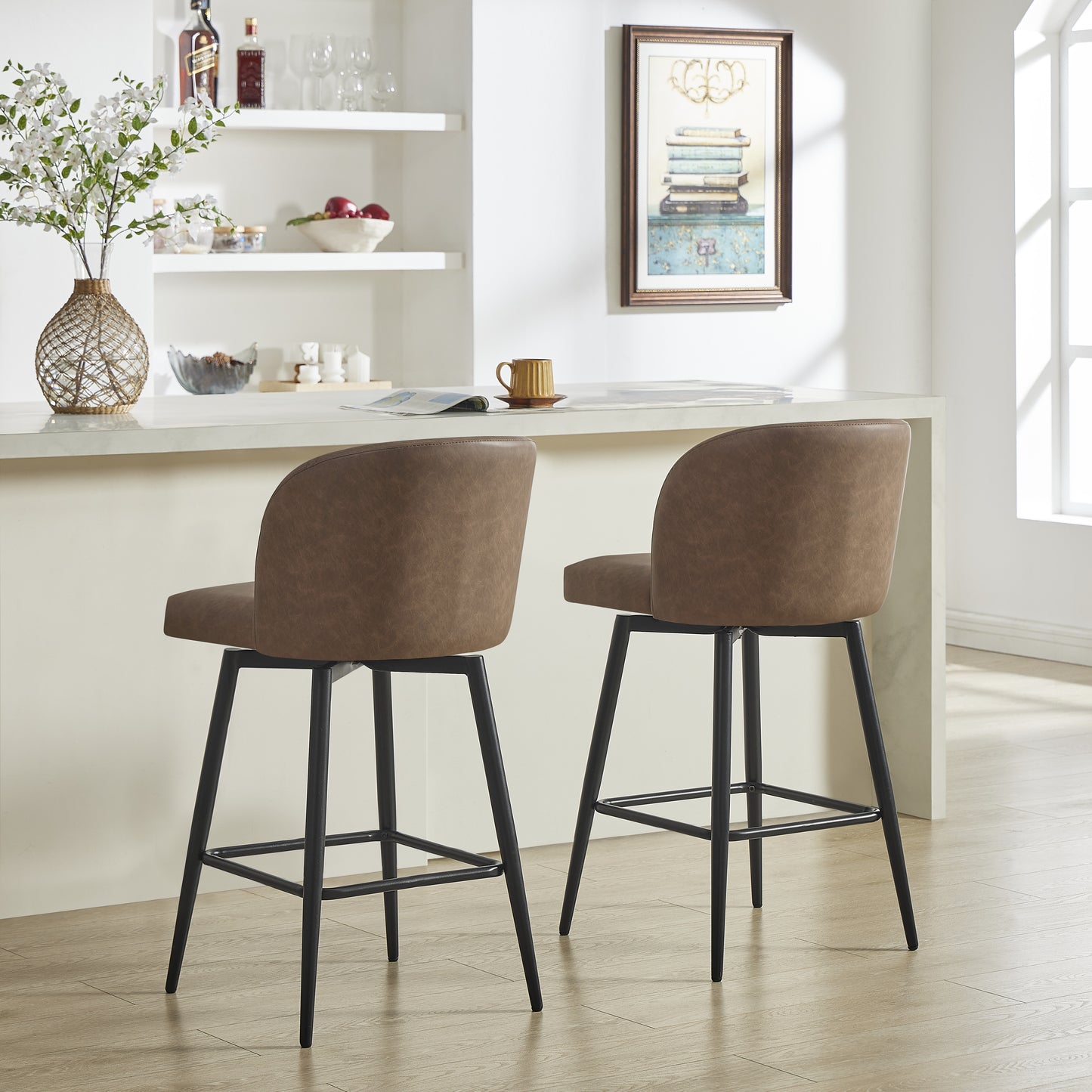 Roundhill Furniture Rhythm Modern Upholstered Counter Height Stool, 360° Swivel, Set of 2