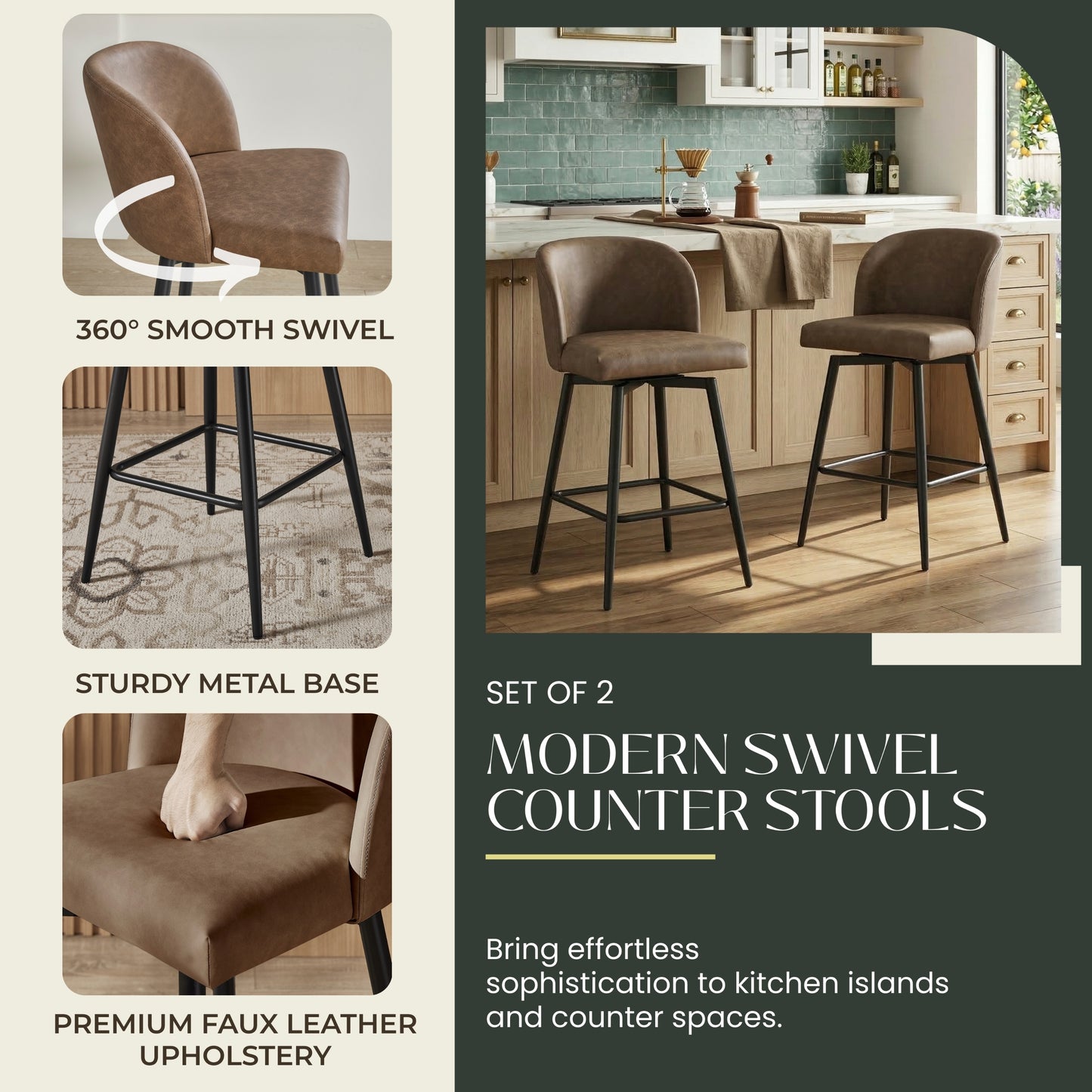 Roundhill Furniture Rhythm Modern Upholstered Counter Height Stool, 360° Swivel, Set of 2
