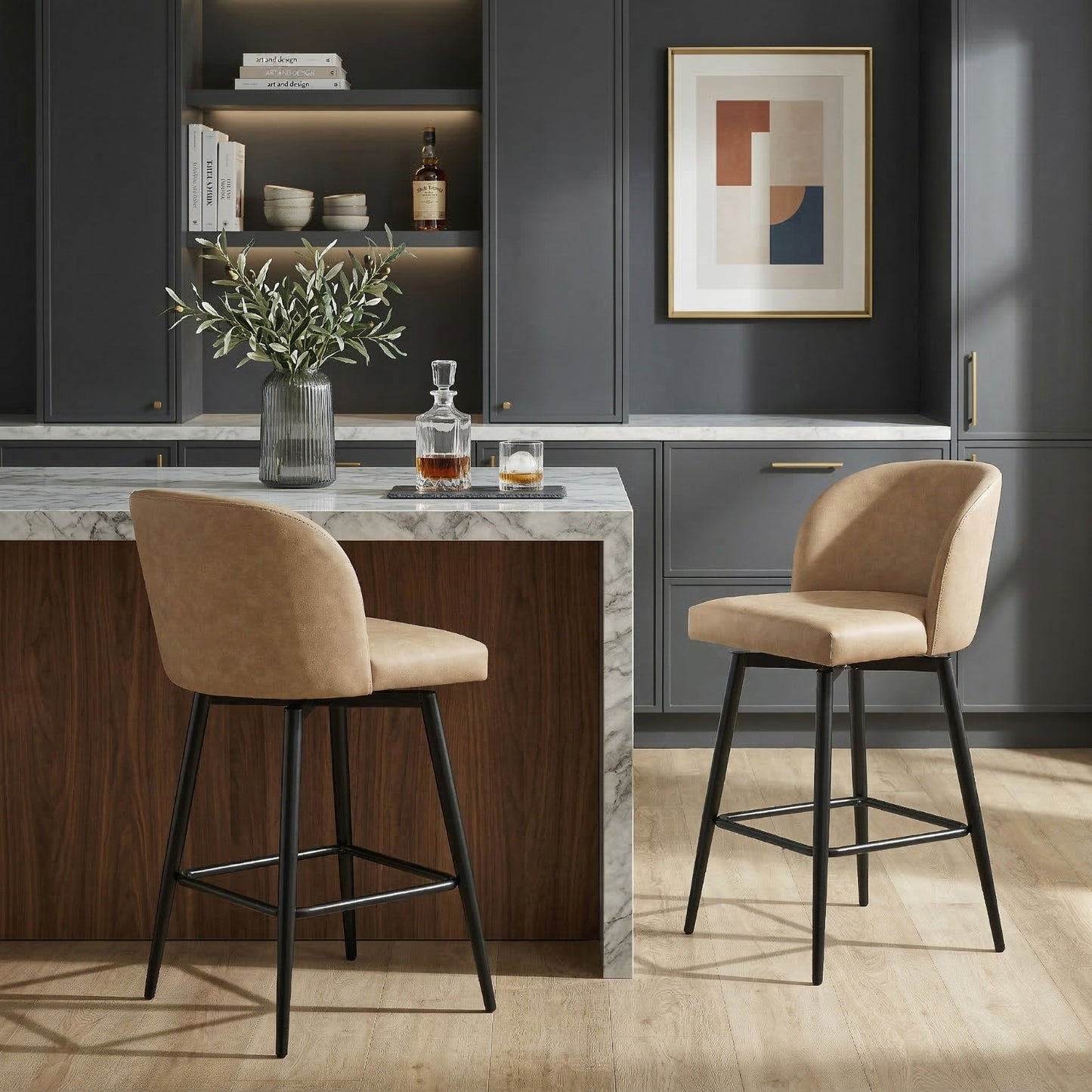 Roundhill Furniture Rhythm Modern Upholstered Counter Height Stool, 360° Swivel, Set of 2
