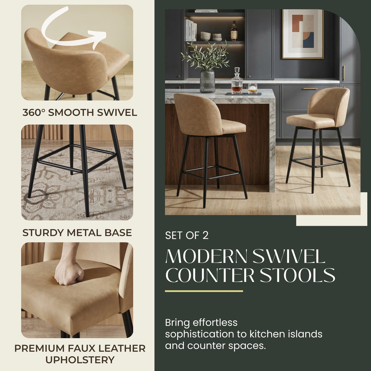 Roundhill Furniture Rhythm Modern Upholstered Counter Height Stool, 360° Swivel, Set of 2