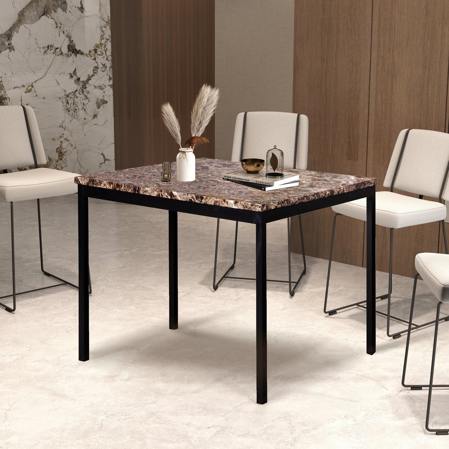 Roundhill Furniture Citico Metal Counter Height Dining Table with Laminated Faux Marble Top, Black