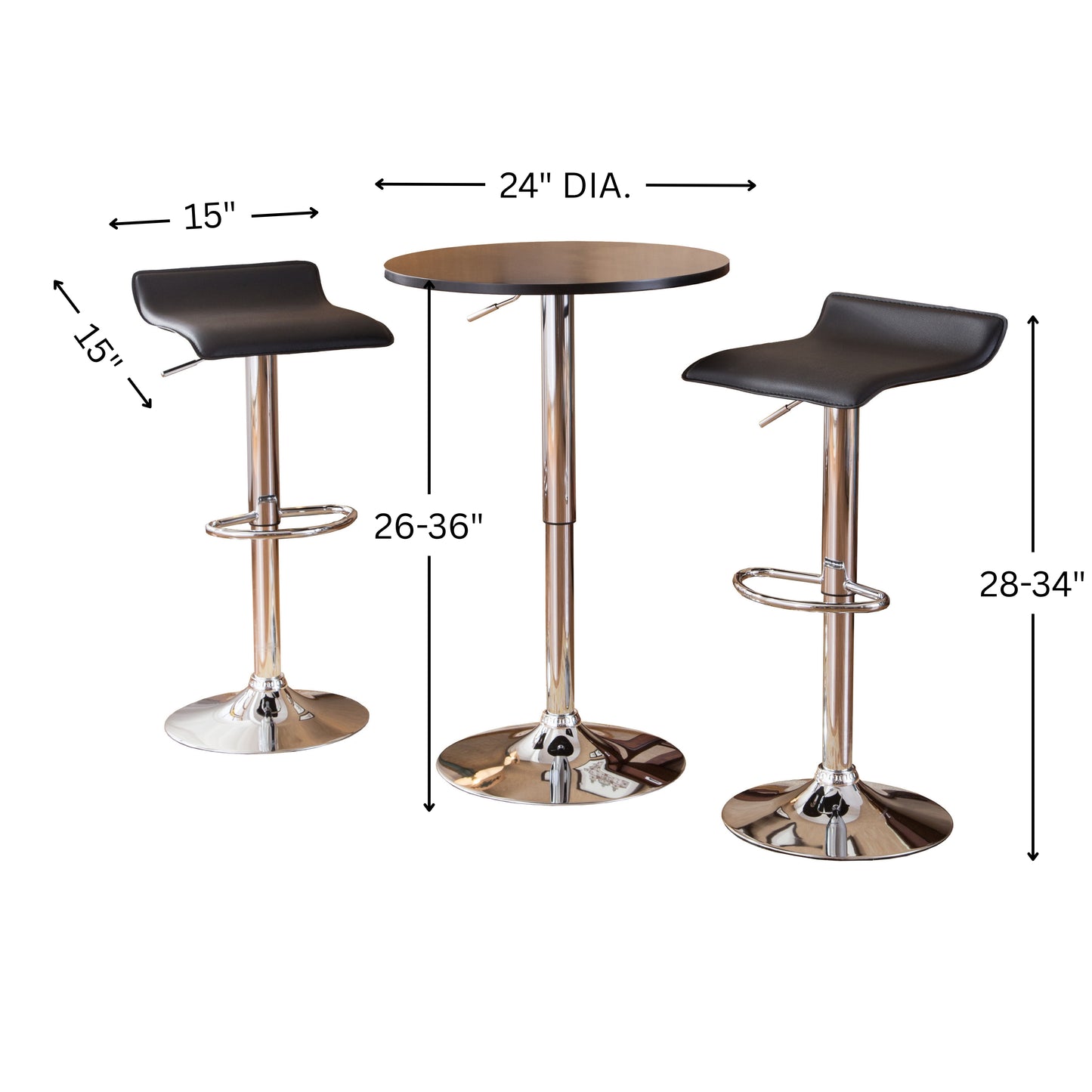 Roundhill Furniture Baxton Adjustable Height Wood and Chrome Metal Bar Table and 2 Chrome Air Lift Adjustable Swivel Stools Set