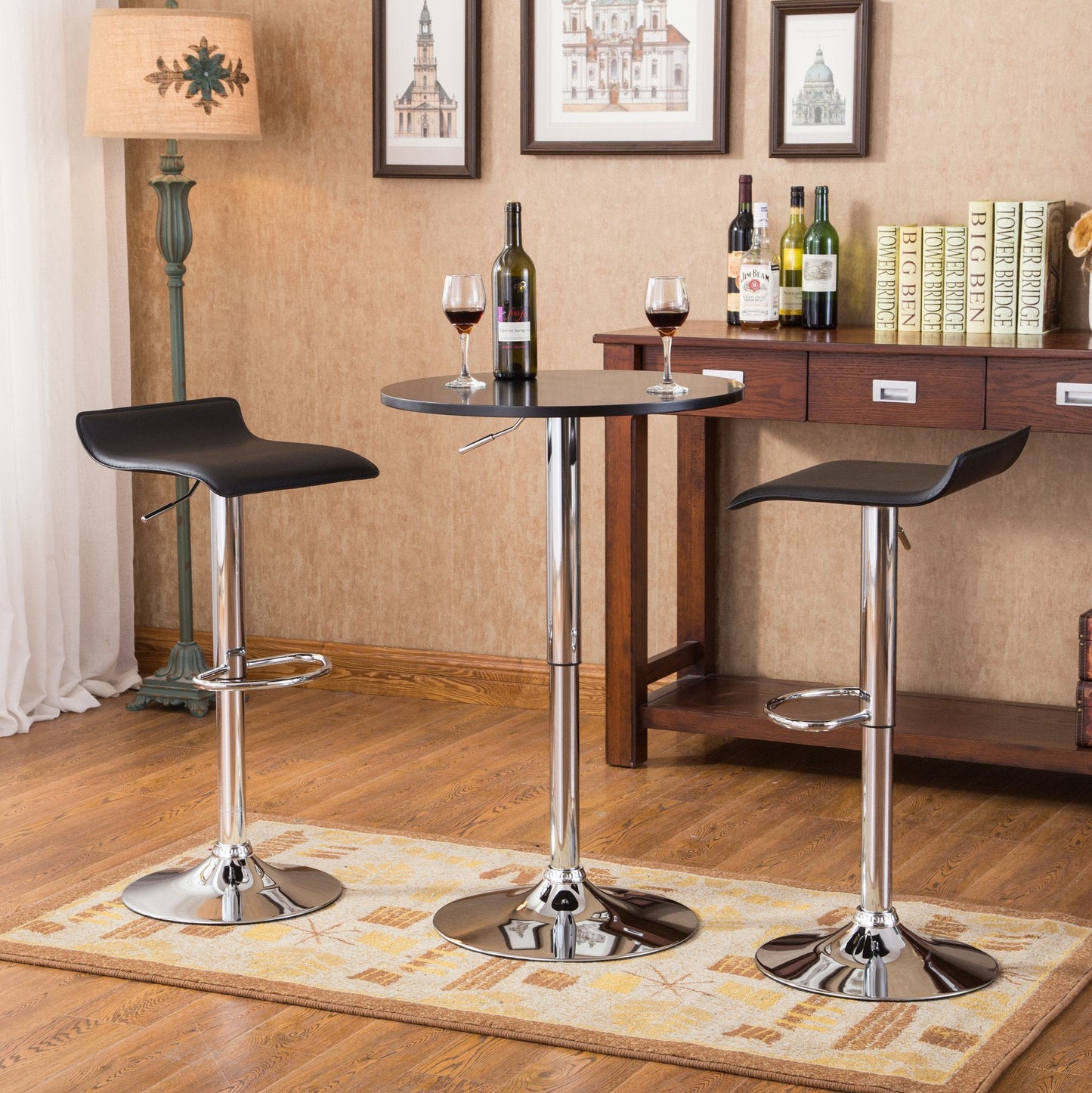 Roundhill Furniture Baxton Black Adjustable Height Wood and Chrome Metal Bar Table and 2 Black Chrome Air Lift Adjustable Swivel Stools Set