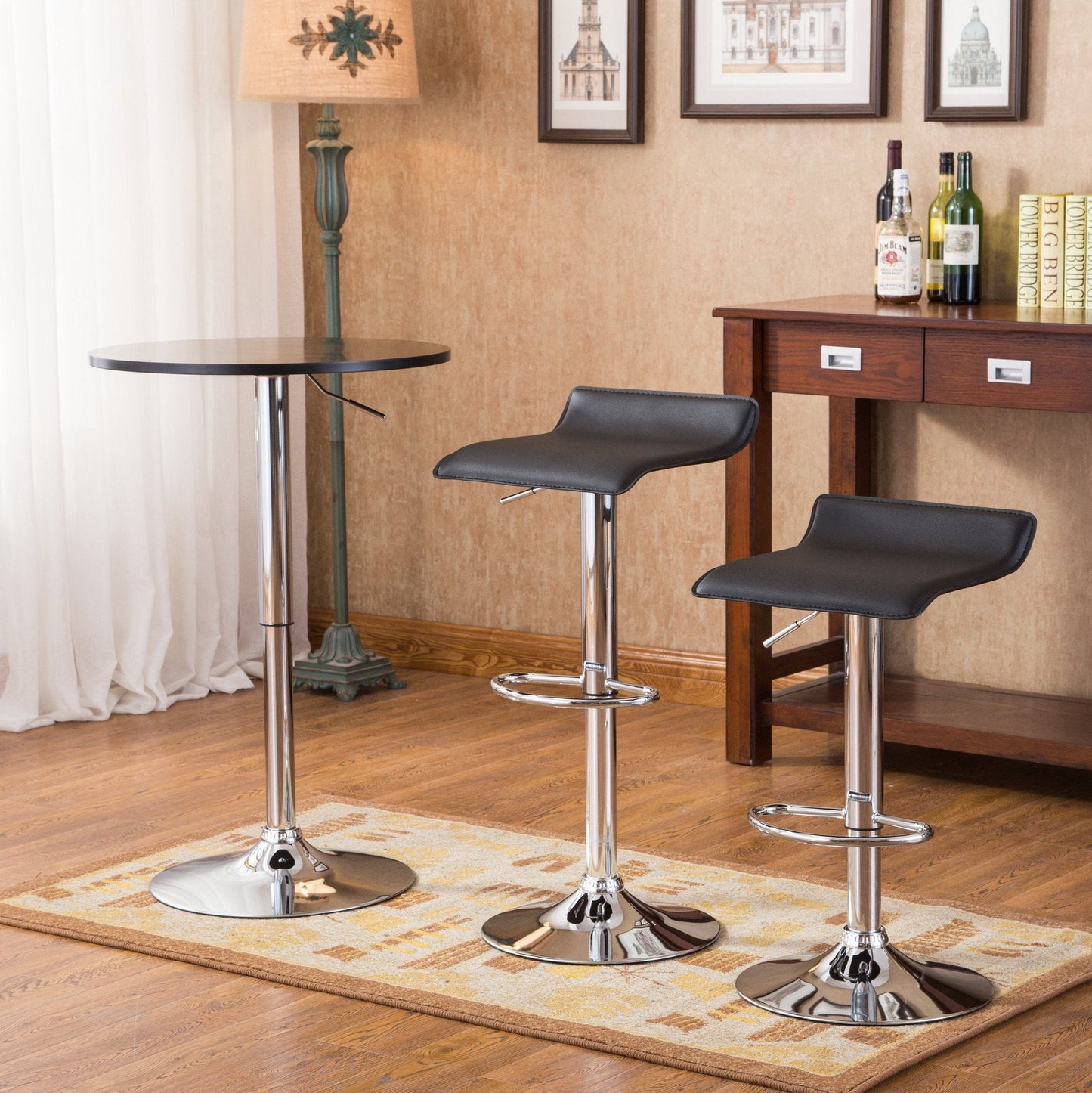 Roundhill Furniture Baxton Black Adjustable Height Wood and Chrome Metal Bar Table and 2 Black Chrome Air Lift Adjustable Swivel Stools Set