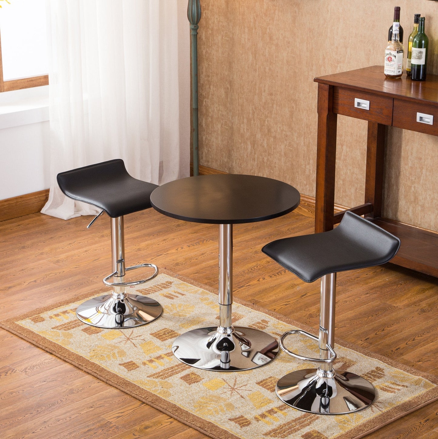 Roundhill Furniture Baxton Adjustable Height Wood and Chrome Metal Bar Table and 2 Chrome Air Lift Adjustable Swivel Stools Set