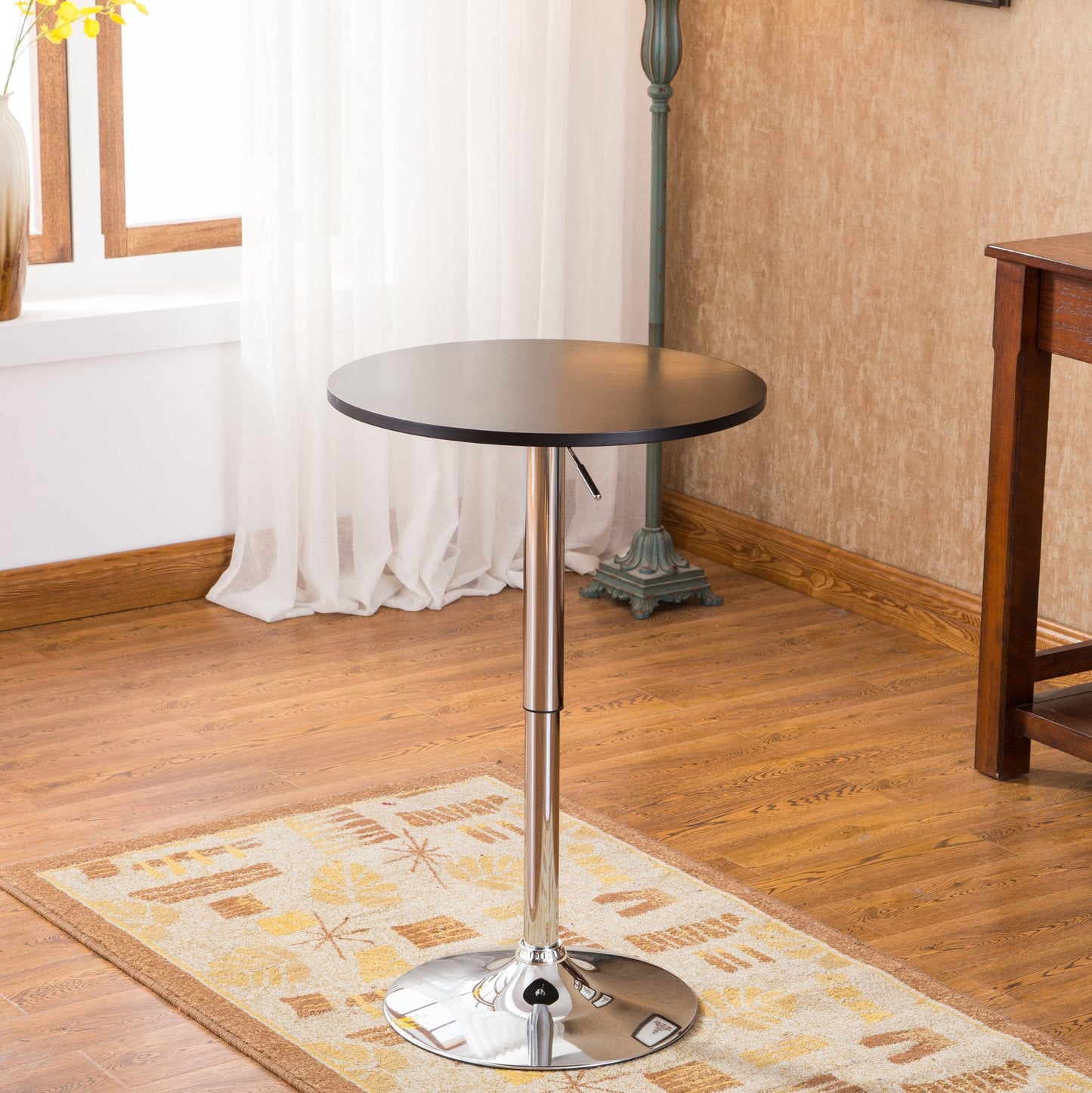 Roundhill Furniture Baxton Adjustable Height Wood and Chrome Metal Bar Table and 2 Chrome Air Lift Adjustable Swivel Stools Set