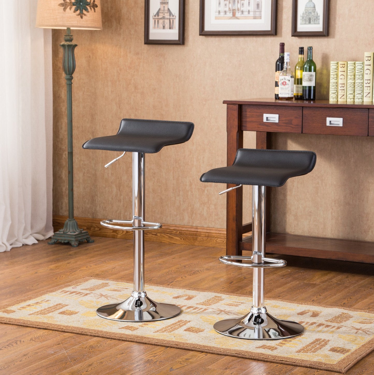 Roundhill Furniture Baxton Black Adjustable Height Wood and Chrome Metal Bar Table and 2 Black Chrome Air Lift Adjustable Swivel Stools Set