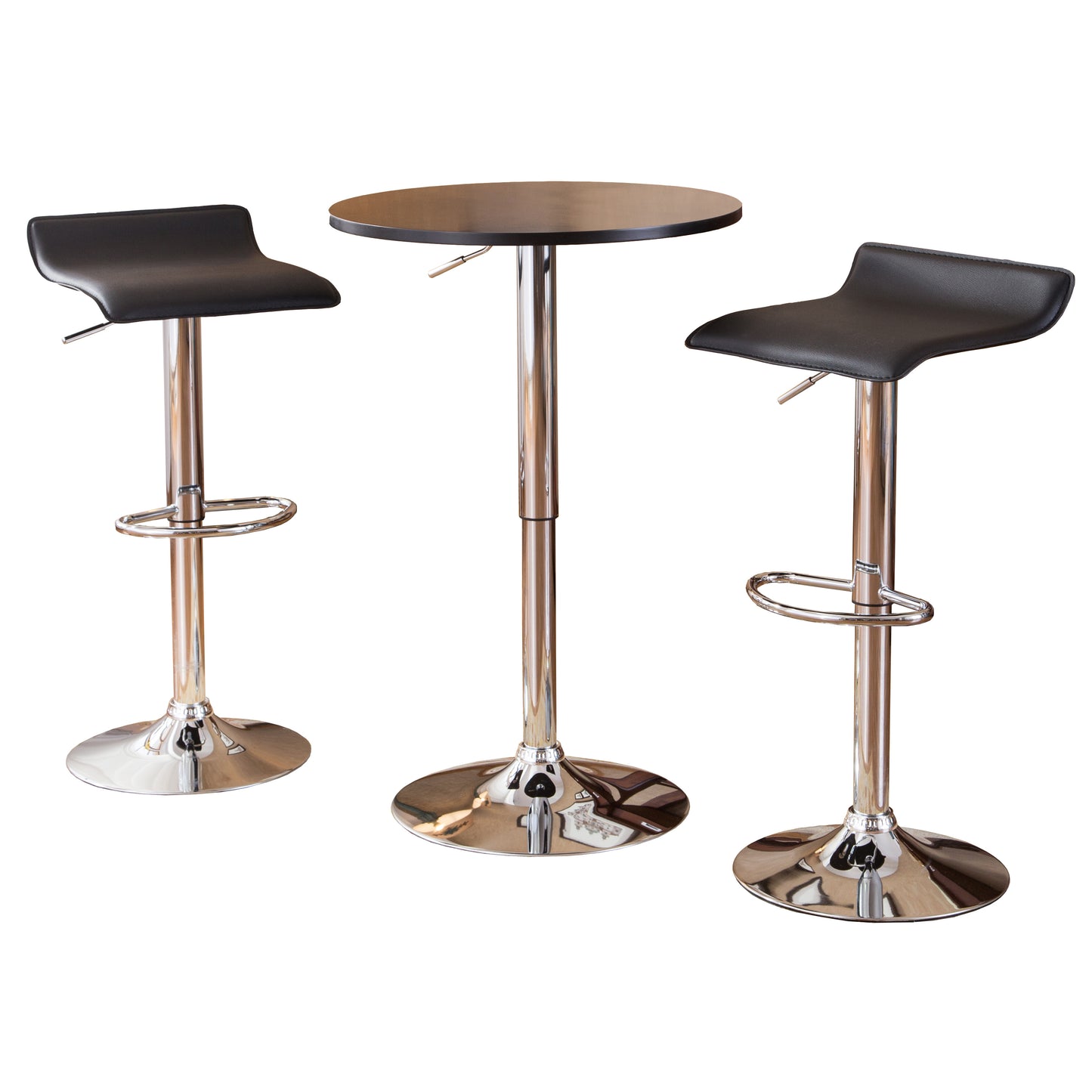 Roundhill Furniture Baxton Adjustable Height Wood and Chrome Metal Bar Table and 2 Chrome Air Lift Adjustable Swivel Stools Set