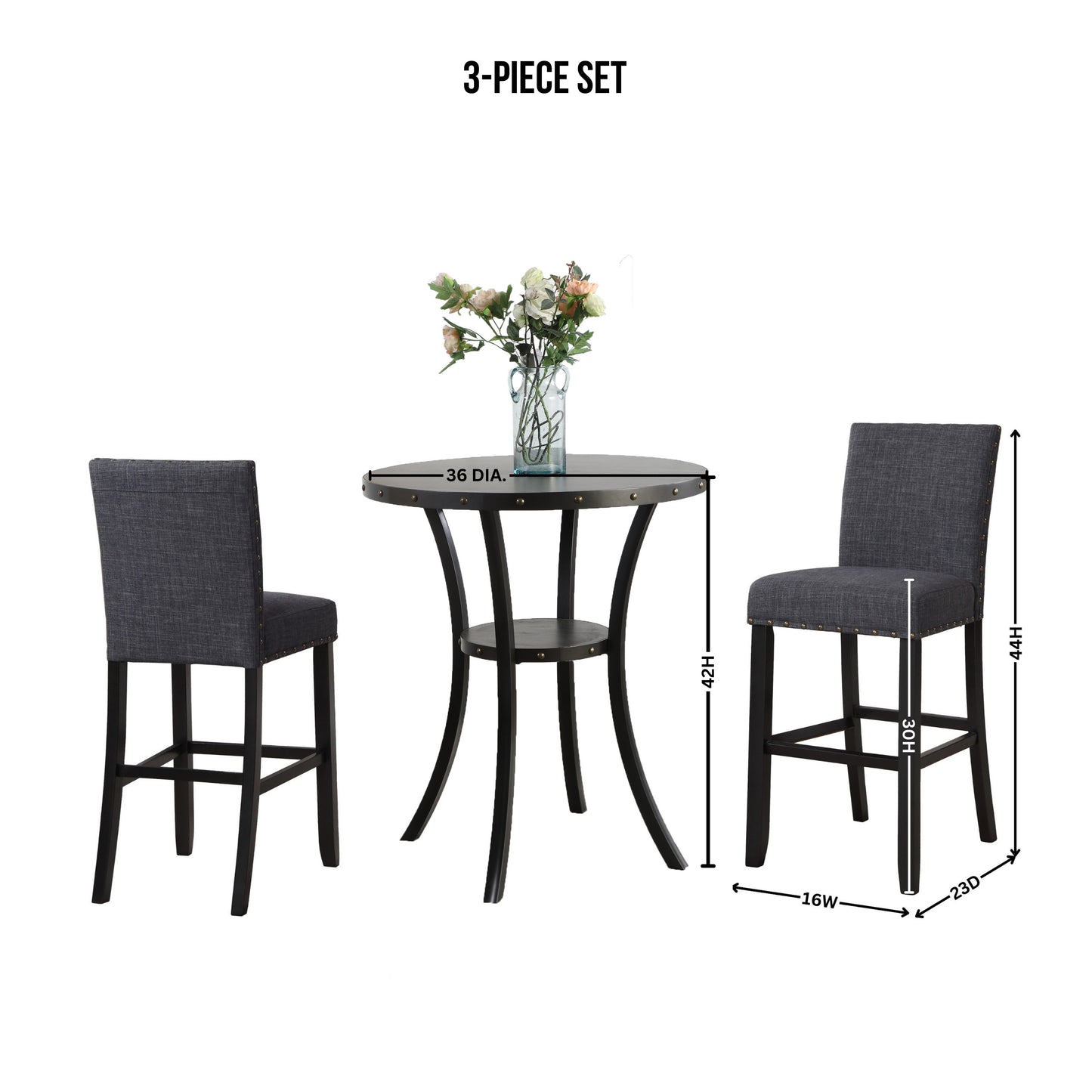 Biony 3-Piece 36" Round Espresso Finish Bar Table with 2 Gray Fabric Nail Head Pub Chairs