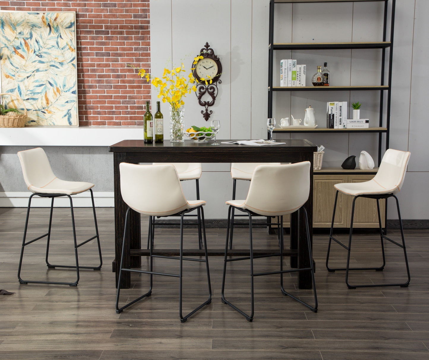 Bronco Antique Wood Finished Bar Dining Set: Table and Six Barstools, White