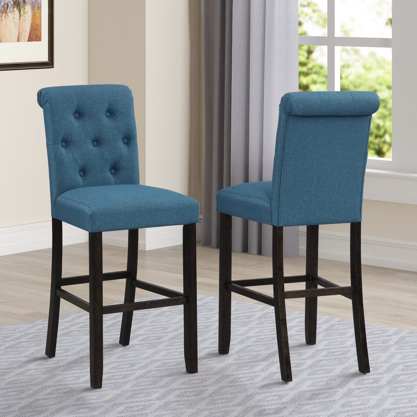 Leviton Antique Black Finished Wood 5-Piece Pub Set, Table with 4 Upholstered Barstools, Blue