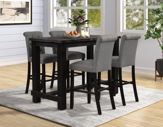 Leviton Antique Black Finished Wood 5-Piece Pub Set, Table with 4 Upholstered Barstools, Gray