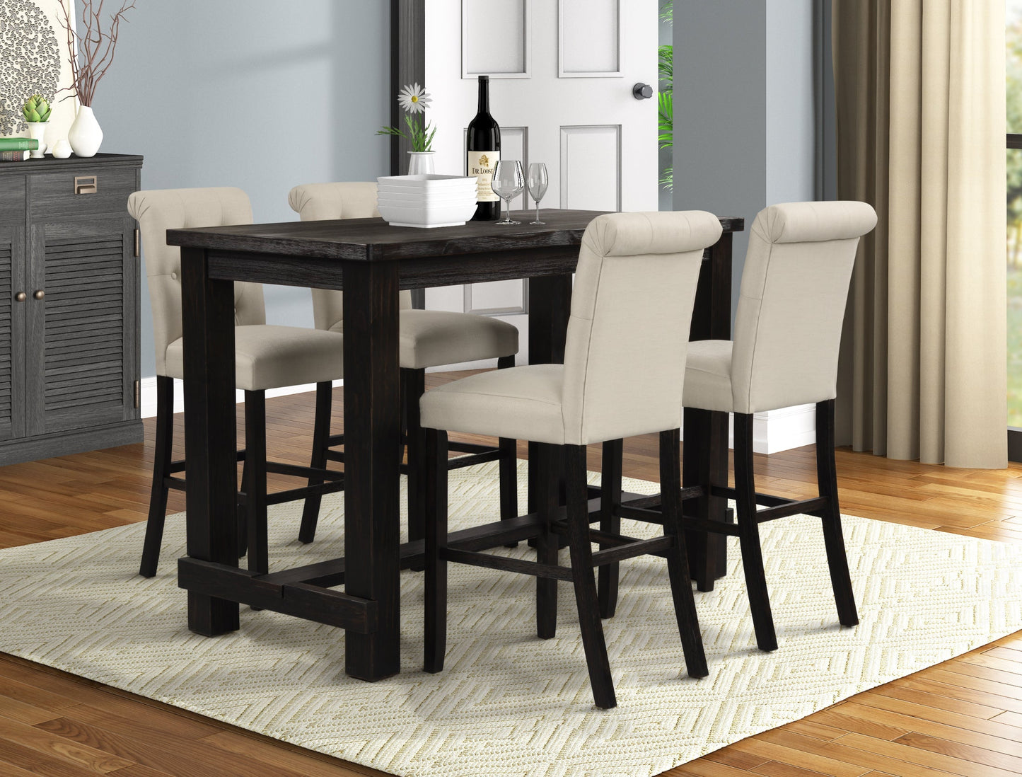 Leviton Antique Black Finished Wood 5-Piece Pub Set, Table with 4 Upholstered Bar stools, Tan