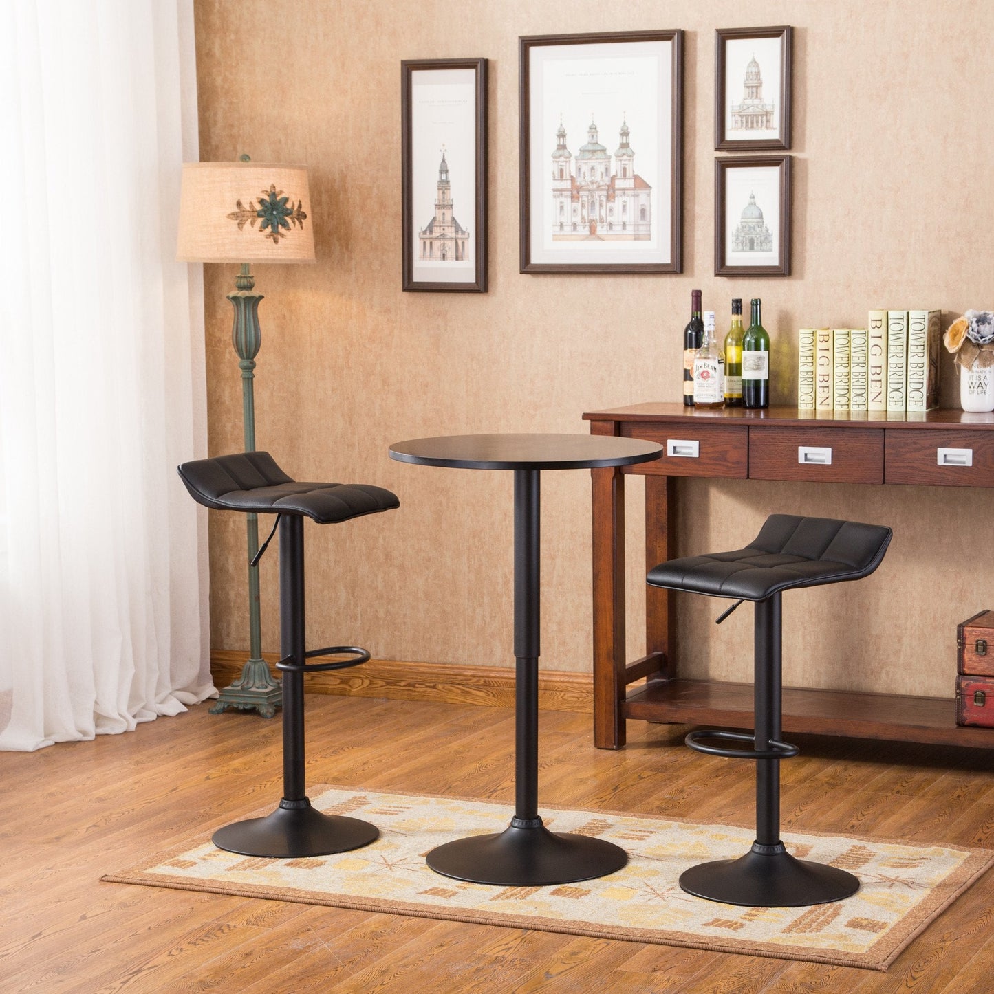 Roundhill Furniture Belham Black Adjustable Metal Base 3-Piece Bar Table Set