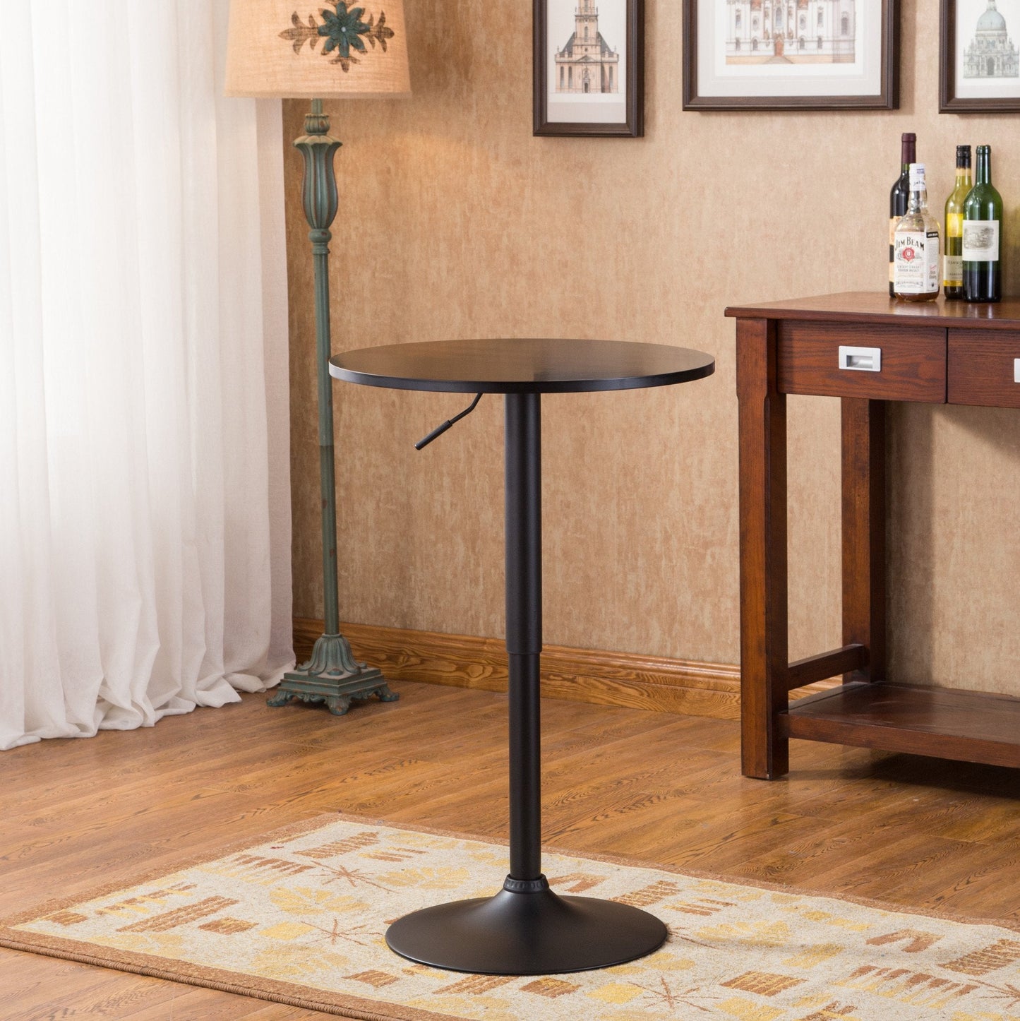 Roundhill Furniture Belham Round Top Adjustable Height with Black Leg And Base Metal Bar Table, Black