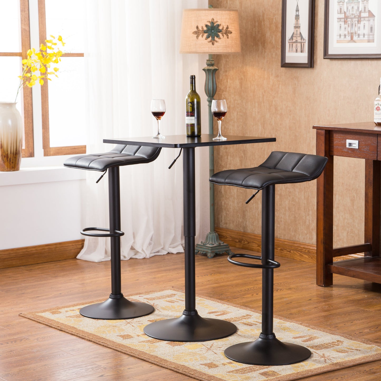 Roundhill Furniture Belham Black Square Adjustable Metal Base 3-Piece Bar Table Set