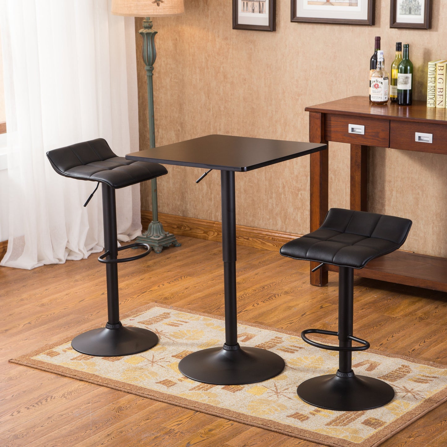 Roundhill Furniture Belham Black Square Adjustable Metal Base 3-Piece Bar Table Set