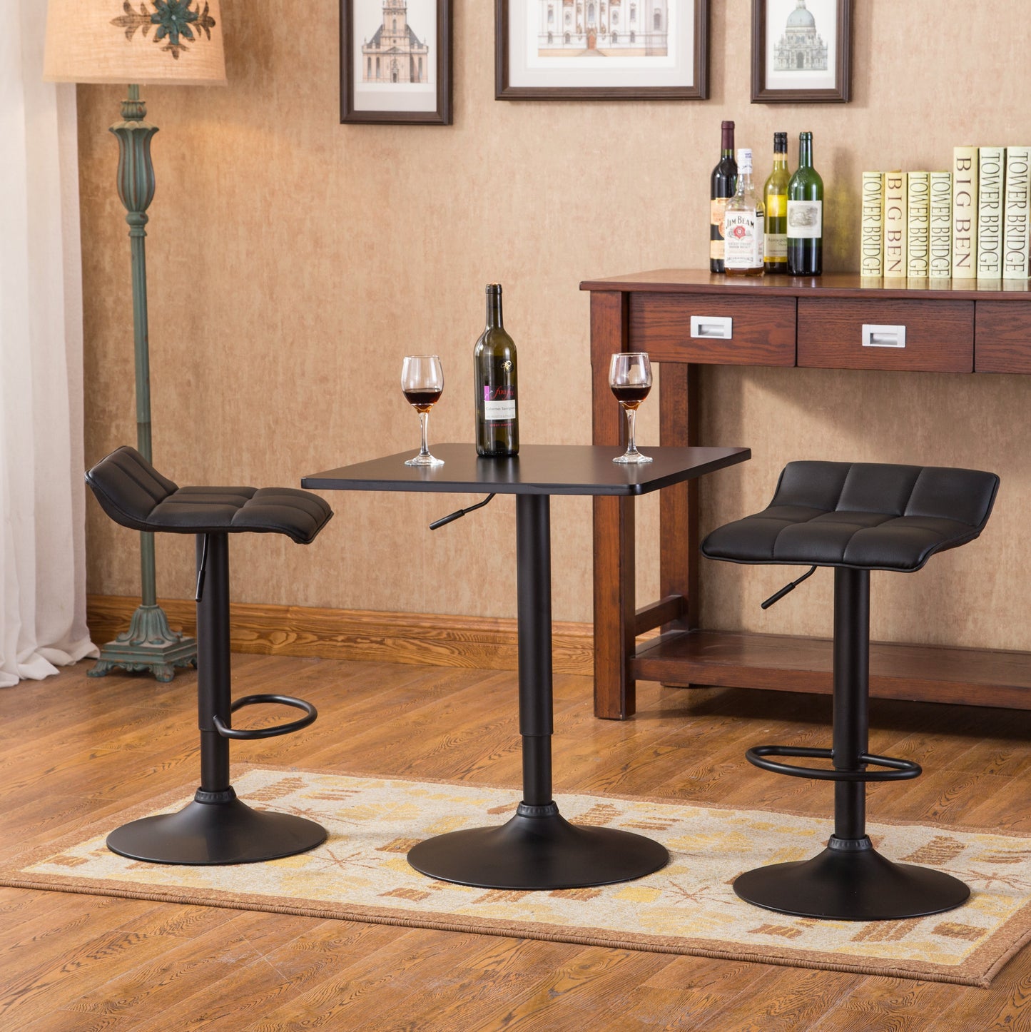 Roundhill Furniture Belham Black Square Adjustable Metal Base 3-Piece Bar Table Set