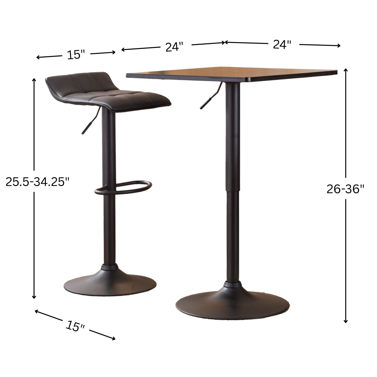 Belham Black Square Adjustable Metal Base 3-Piece Bar Table Set
