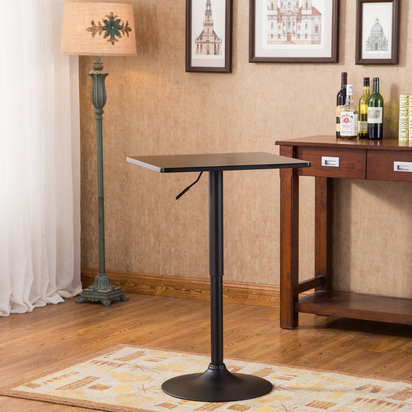 Roundhill Furniture Belham Black Square Top Adjustable Height with Black Leg And Base Metal Bar Table