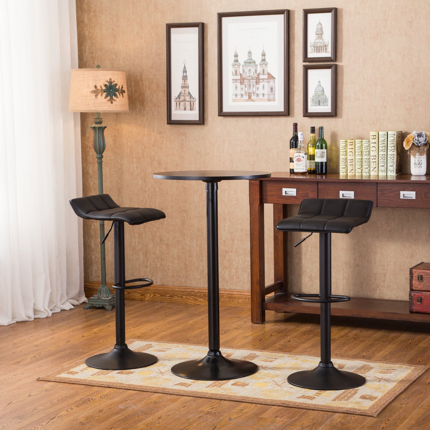 Roundhill Furniture Belham Black Round Adjustable Metal Base 3-Piece Bar Table Set