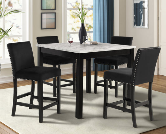 Cobre Contemporary Faux Marble Counter Height Dining Table with 4 Velvet Nailhead Trim Stools, Black