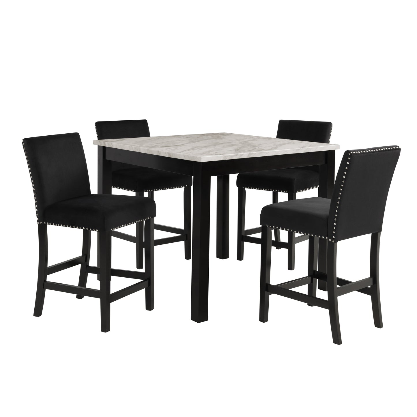 Cobre Contemporary Faux Marble Counter Height Dining Table with 4 Velvet Nailhead Trim Stools, Black