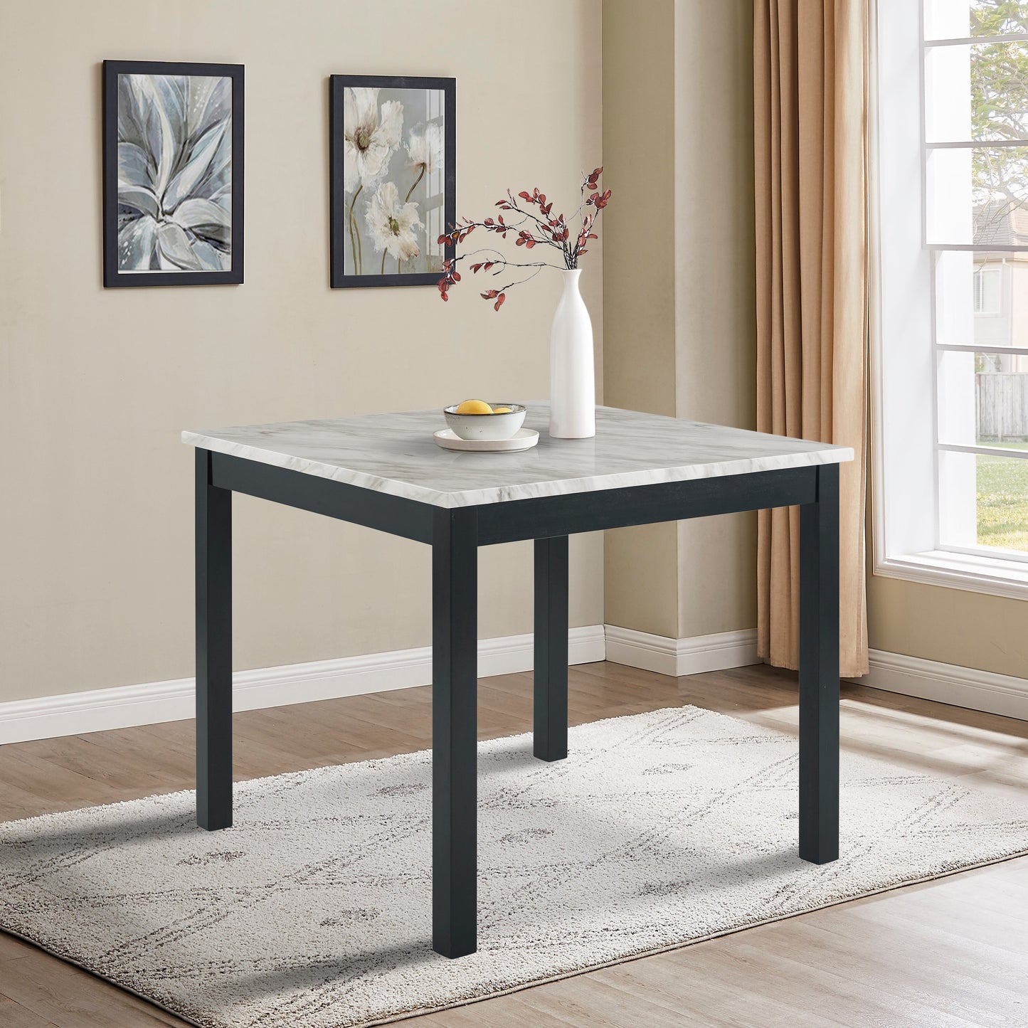 Cobre Contemporary Faux Marble Counter Height Dining Table with 4 Velvet Nailhead Trim Stools, Black