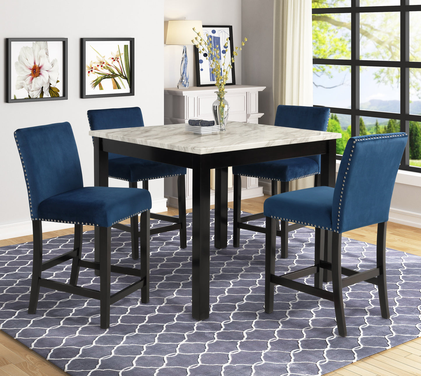 Cobre Contemporary Faux Marble Counter Height Dining Table with 4 Velvet Nailhead Trim Stools, Blue