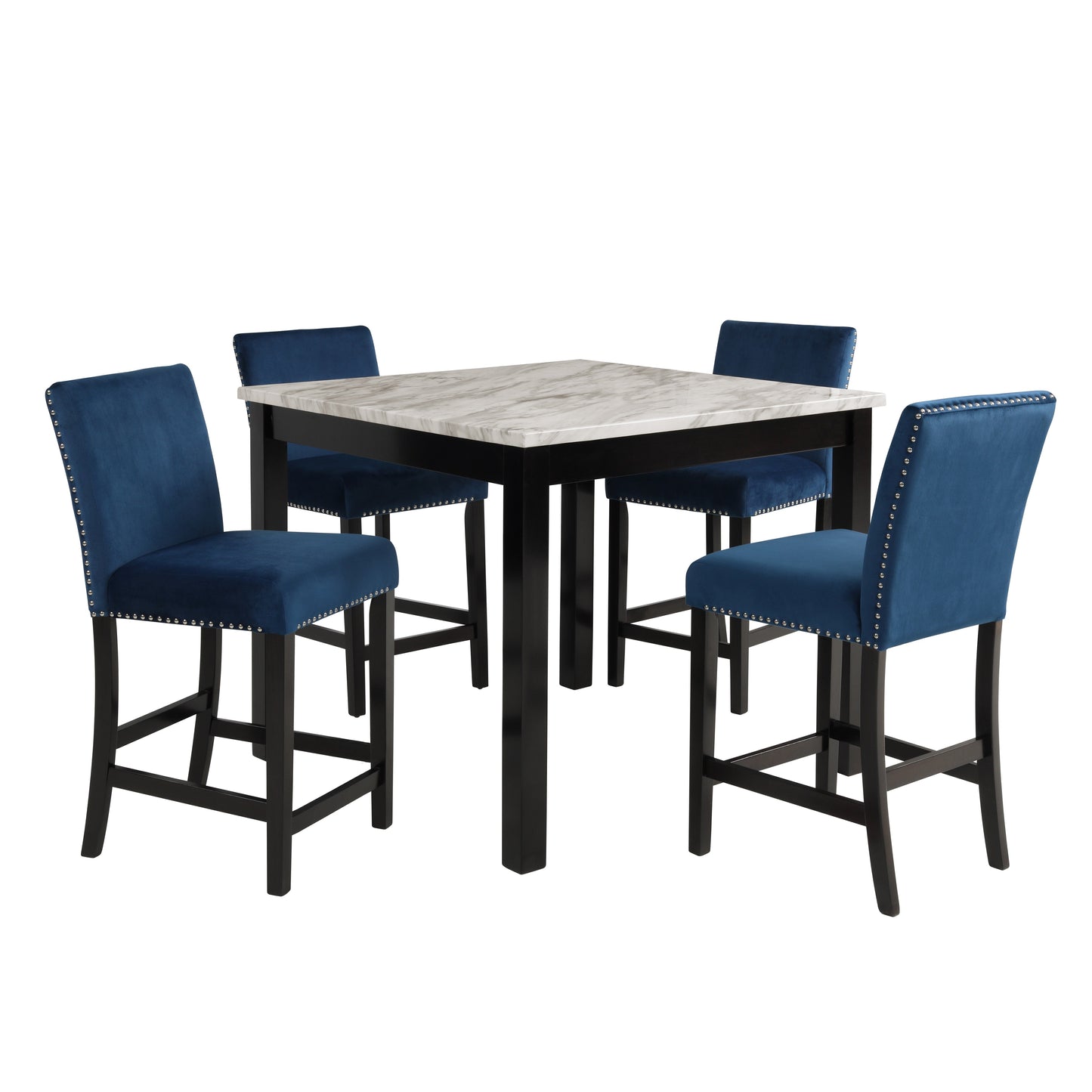 Cobre Contemporary Faux Marble Counter Height Dining Table with 4 Velvet Nailhead Trim Stools, Blue