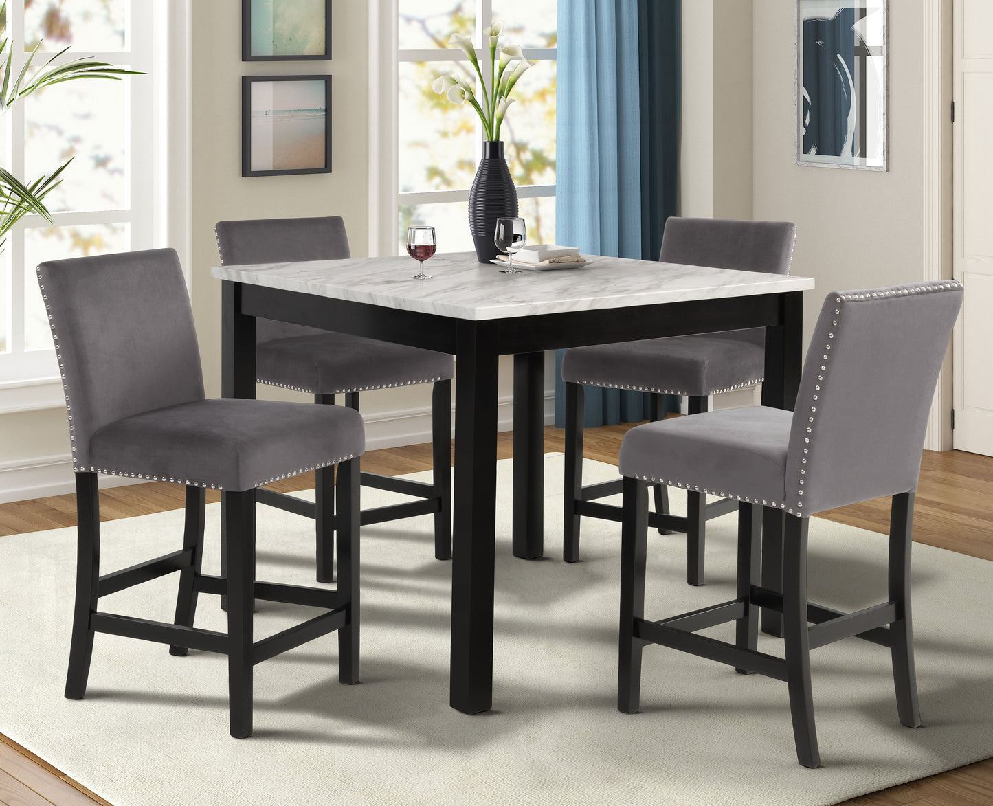 Cobre Contemporary Faux Marble Counter Height Dining Table with 4 Velvet Nailhead Trim Stools, Gray