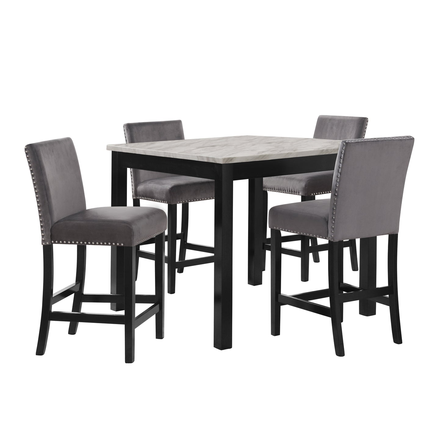 Cobre Contemporary Faux Marble Counter Height Dining Table with 4 Velvet Nailhead Trim Stools, Gray