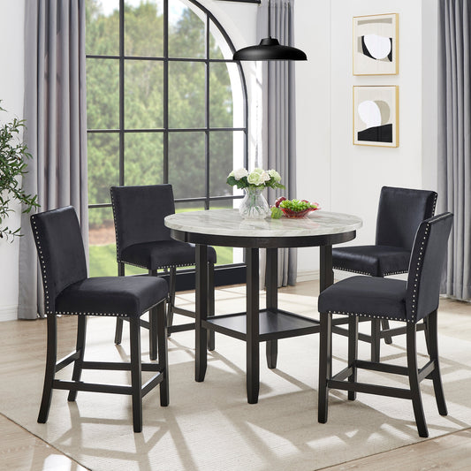 Roundhill Furniture 5-Piece Mella Counter Height Dining Set - Round Faux Marble Table with 4 Black Velvet Parsons Stools