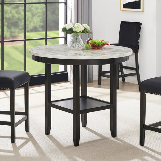 Roundhill Furniture Mella Round Counter Height Wood Dining Table with Shelf, 42” Faux Marble Top, Dark Espresso Finish