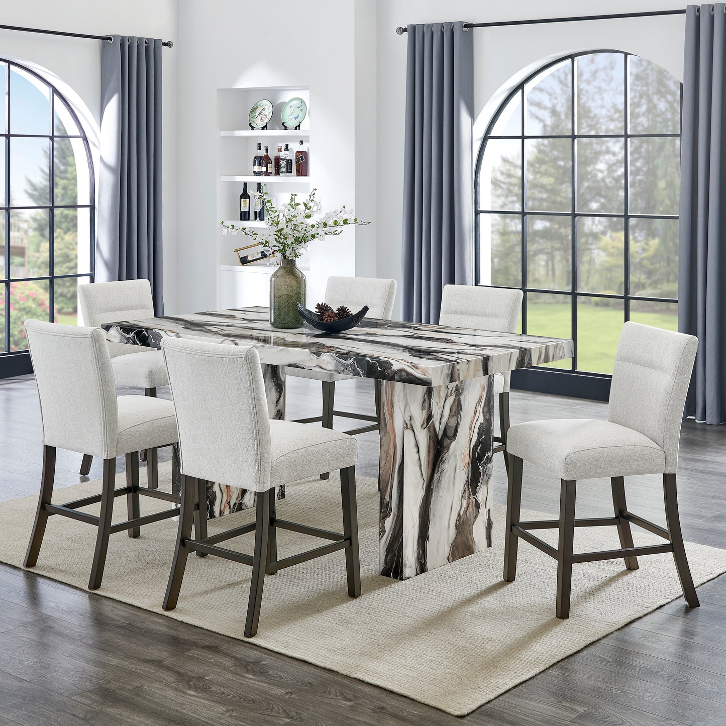 Roundhill Furniture Cavira 7-Piece Modern Faux Marble Dining Set, Counter Height Table with 6 Upholstered Chairs